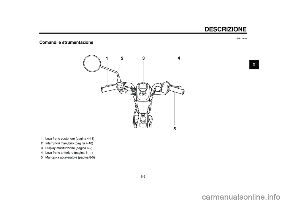 YAMAHA EC-03 2011 Manuale duso (in Italian) DESCRIZIONE
2-3
23
4
5
6
7
8
9
HAU10430
Comandi e strumentazione
124
5
3
1. Leva freno posteriore (pagina 4-11)
2. Interruttori manubrio (pagina 4-10)
3. Display multifunzione (pagina 4-2)
4. Leva fre YAMAHA EC-03 2011 Manuale duso (in Italian) DESCRIZIONE
2-3
23
4
5
6
7
8
9
HAU10430
Comandi e strumentazione
124
5
3
1. Leva freno posteriore (pagina 4-11)
2. Interruttori manubrio (pagina 4-10)
3. Display multifunzione (pagina 4-2)
4. Leva fre
