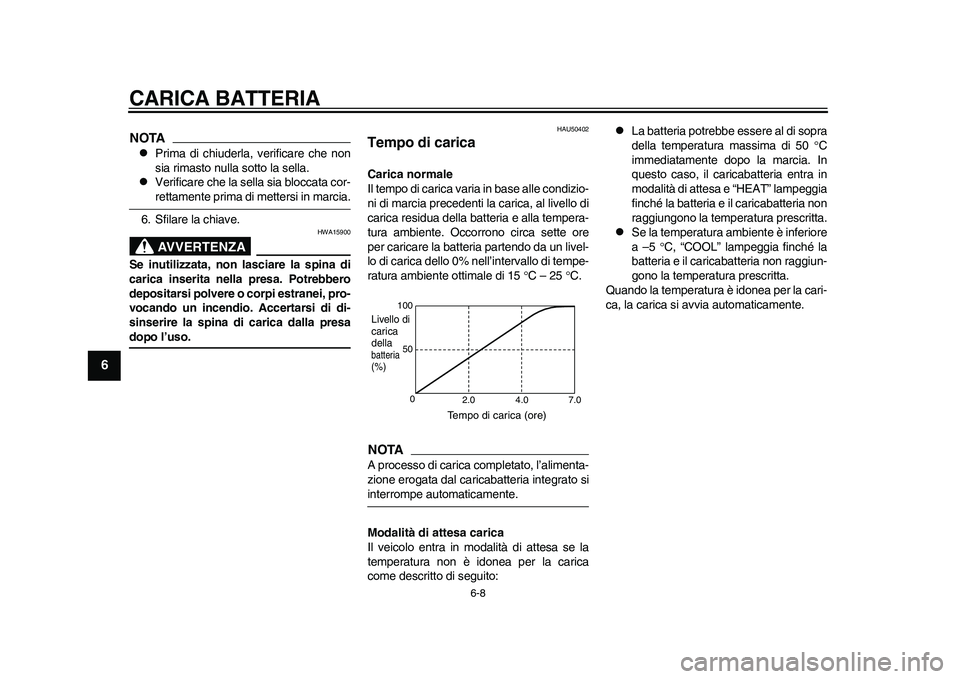 YAMAHA EC-03 2011 Manuale duso (in Italian) CARICA BATTERIA
6-8
1
2
3
4
56
7
8
9
NOTA
Prima di chiuderla, verificare che non
sia rimasto nulla sotto la sella.
Verificare che la sella sia bloccata cor-rettamente prima di mettersi in marci YAMAHA EC-03 2011 Manuale duso (in Italian) CARICA BATTERIA
6-8
1
2
3
4
56
7
8
9
NOTA
Prima di chiuderla, verificare che non
sia rimasto nulla sotto la sella.
Verificare che la sella sia bloccata cor-rettamente prima di mettersi in marci