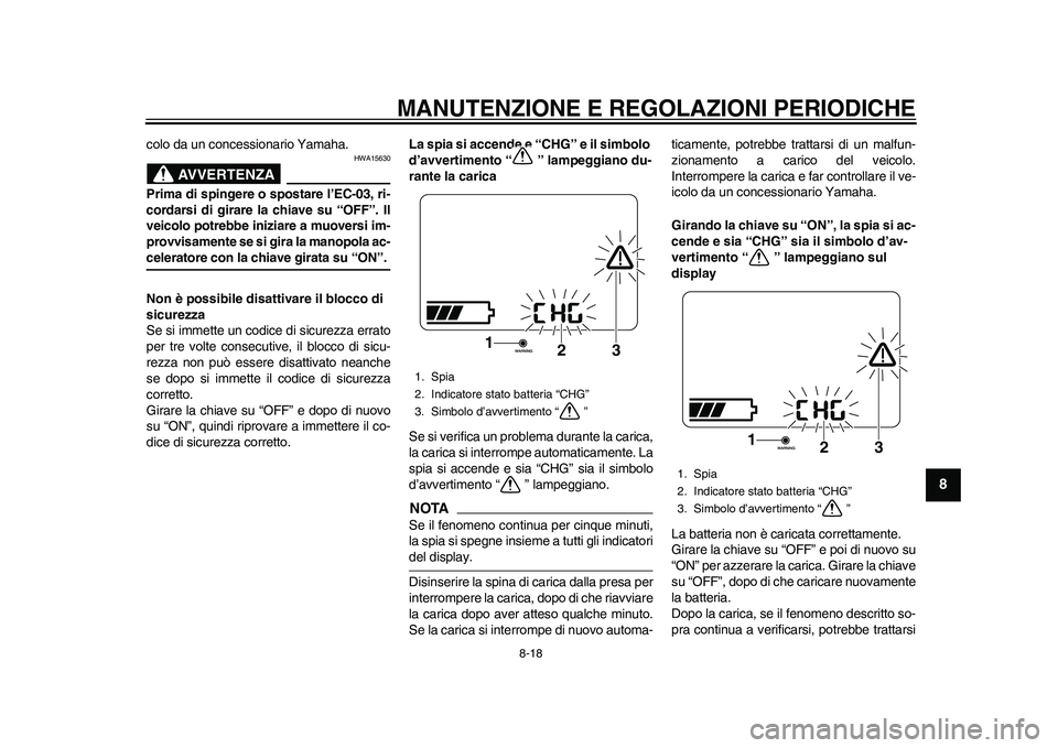 YAMAHA EC-03 2011 Manuale duso (in Italian) MANUTENZIONE E REGOLAZIONI PERIODICHE
8-18
2
3
4
5
6
789
colo da un concessionario Yamaha.
AVVERTENZA
HWA15630
Prima di spingere o spostare l’EC-03, ri-
cordarsi di girare la chiave su “OFF”. Il YAMAHA EC-03 2011 Manuale duso (in Italian) MANUTENZIONE E REGOLAZIONI PERIODICHE
8-18
2
3
4
5
6
789
colo da un concessionario Yamaha.
AVVERTENZA
HWA15630
Prima di spingere o spostare l’EC-03, ri-
cordarsi di girare la chiave su “OFF”. Il