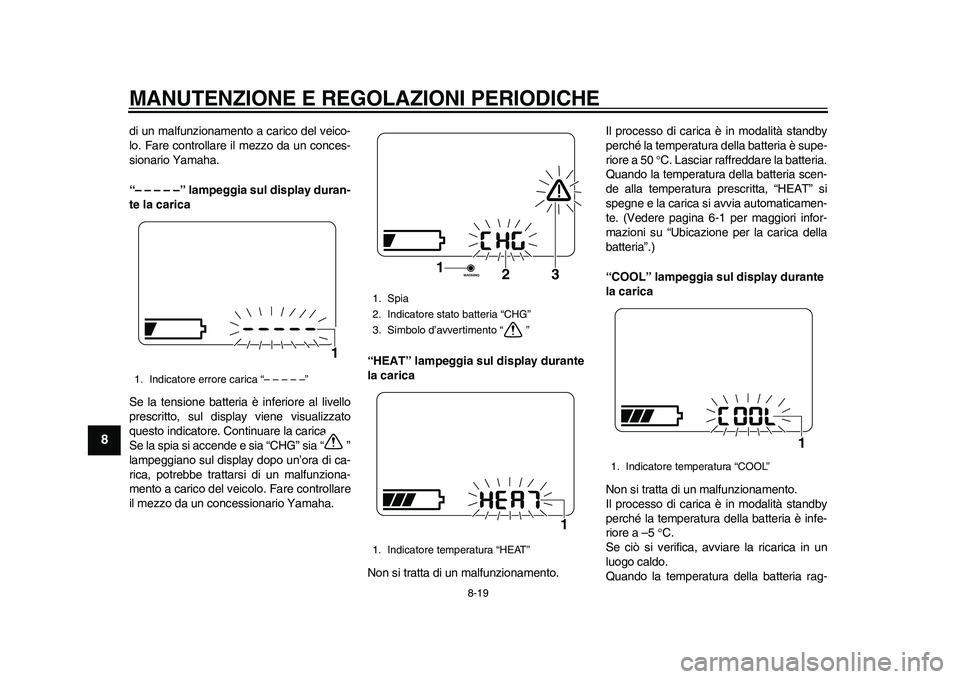 YAMAHA EC-03 2011 Manuale duso (in Italian) MANUTENZIONE E REGOLAZIONI PERIODICHE
8-19
1
2
3
4
5
6
78
9
di un malfunzionamento a carico del veico-
lo. Fare controllare il mezzo da un conces-
sionario Yamaha.
“– – – – –” lampeggia YAMAHA EC-03 2011 Manuale duso (in Italian) MANUTENZIONE E REGOLAZIONI PERIODICHE
8-19
1
2
3
4
5
6
78
9
di un malfunzionamento a carico del veico-
lo. Fare controllare il mezzo da un conces-
sionario Yamaha.
“– – – – –” lampeggia