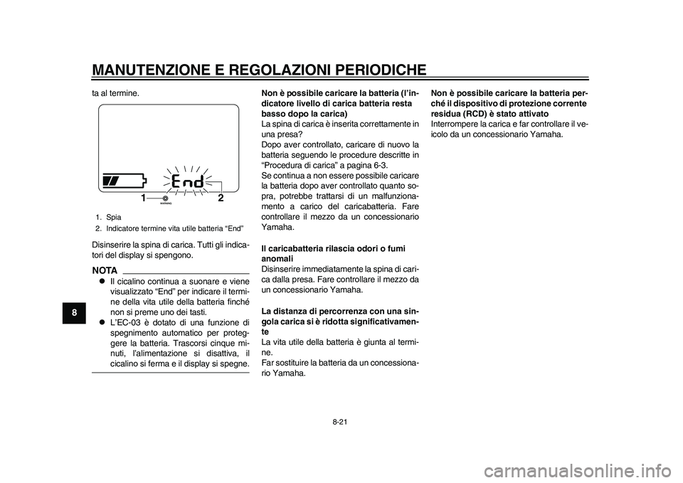 YAMAHA EC-03 2011 Manuale duso (in Italian) MANUTENZIONE E REGOLAZIONI PERIODICHE
8-21
1
2
3
4
5
6
78
9
ta al termine.
Disinserire la spina di carica. Tutti gli indica-
tori del display si spengono.NOTA
Il cicalino continua a suonare e viene YAMAHA EC-03 2011 Manuale duso (in Italian) MANUTENZIONE E REGOLAZIONI PERIODICHE
8-21
1
2
3
4
5
6
78
9
ta al termine.
Disinserire la spina di carica. Tutti gli indica-
tori del display si spengono.NOTA
Il cicalino continua a suonare e viene