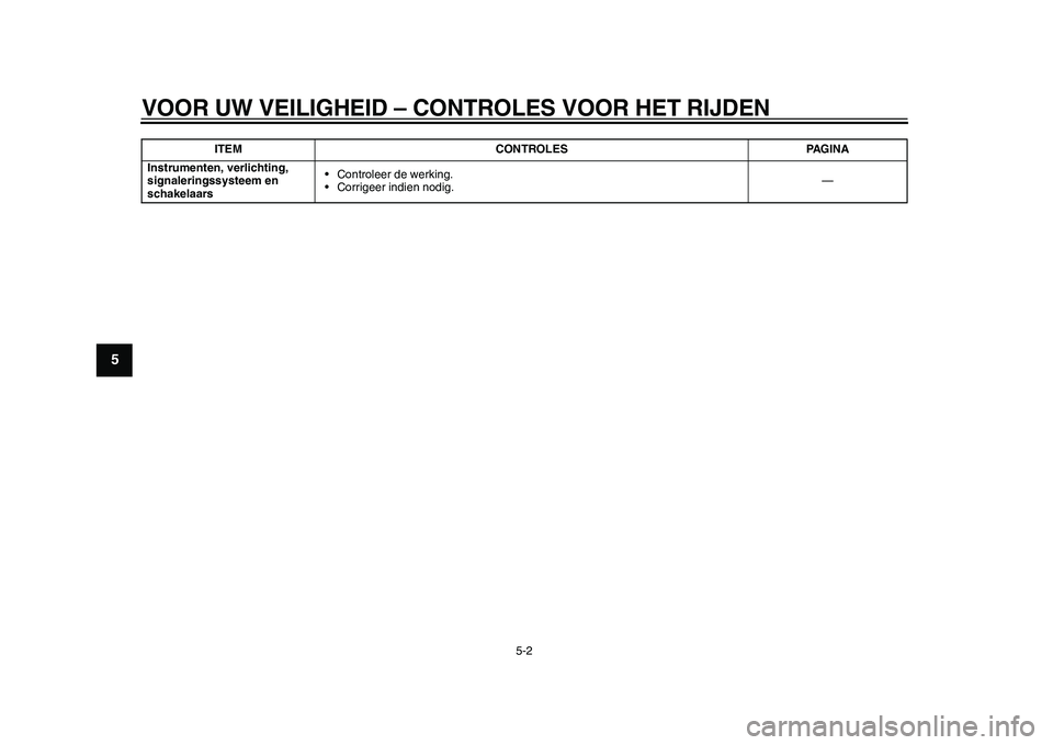YAMAHA EC-03 2011 Instructieboekje (in Dutch) VOOR UW VEILIGHEID – CONTROLES VOOR HET RIJDEN
5-2
1
2
3
45
6
7
8
9
Instrumenten, verlichting,
signaleringssysteem en
schakelaars• Controleer de werking.
• Corrigeer indien nodig.— ITEM CONT YAMAHA EC-03 2011 Instructieboekje (in Dutch) VOOR UW VEILIGHEID – CONTROLES VOOR HET RIJDEN
5-2
1
2
3
45
6
7
8
9
Instrumenten, verlichting,
signaleringssysteem en
schakelaars• Controleer de werking.
• Corrigeer indien nodig.— ITEM CONT