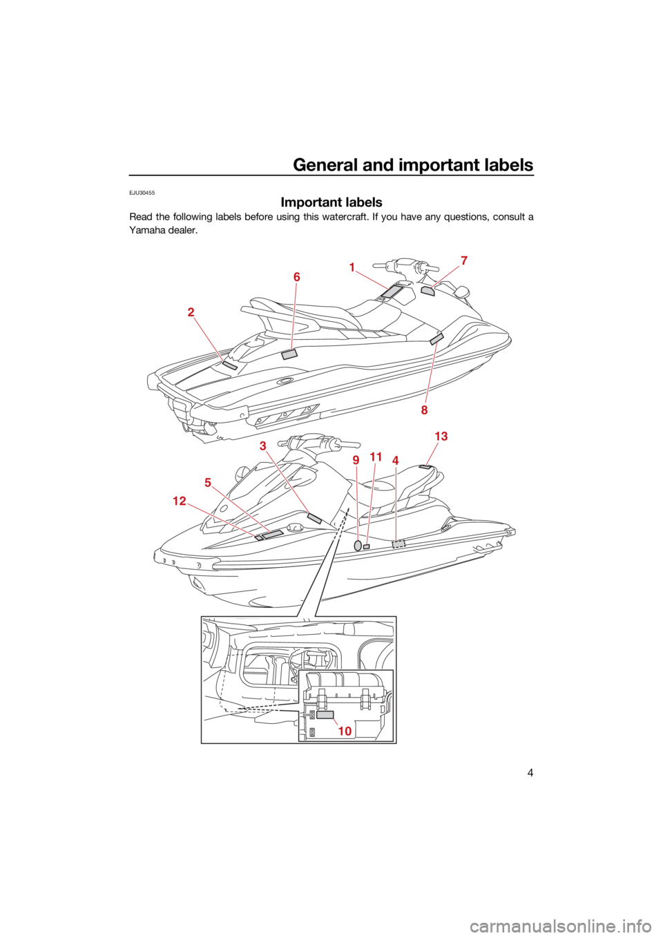 YAMAHA EX DELUXE 2022 User Guide General and important labels
4
EJU30455
Important labels
Read the following labels before using this watercraft. If you have any questions, consult a
Yamaha dealer.
17
8
2
6
5
12 3
9
114
10
13
UF3Y75E