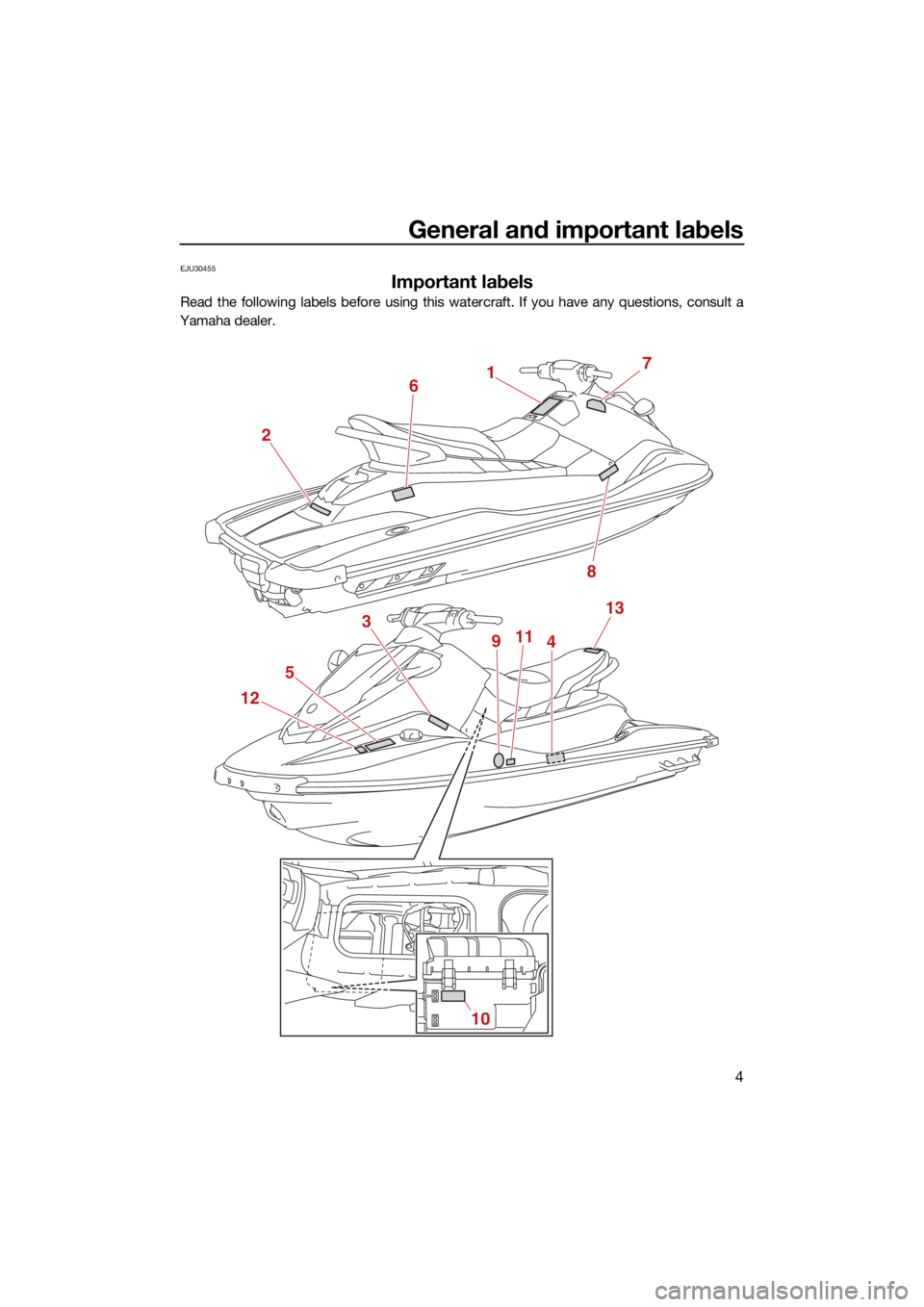 YAMAHA EX 2022 User Guide General and important labels
4
EJU30455
Important labels
Read the following labels before using this watercraft. If you have any questions, consult a
Yamaha dealer.
17
8
2
6
5
12 3
9
114
10
13
UF3Y75E YAMAHA EX 2022 User Guide General and important labels
4
EJU30455
Important labels
Read the following labels before using this watercraft. If you have any questions, consult a
Yamaha dealer.
17
8
2
6
5
12 3
9
114
10
13
UF3Y75E