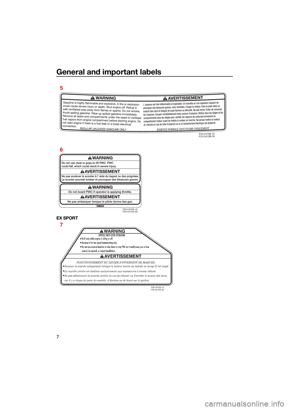 YAMAHA EX DELUXE 2022 User Guide General and important labels
7
EX SPORT
F3V-U416A-10
F3V-U416A-30
F3Y-U415B-10
F3Y-U415B-30
6 5
F3K-U41D5-10
F3K-U41D5-30
7
UF3Y75E0.book  Page 7  Tuesday, July 27, 2021  2:27 PM 