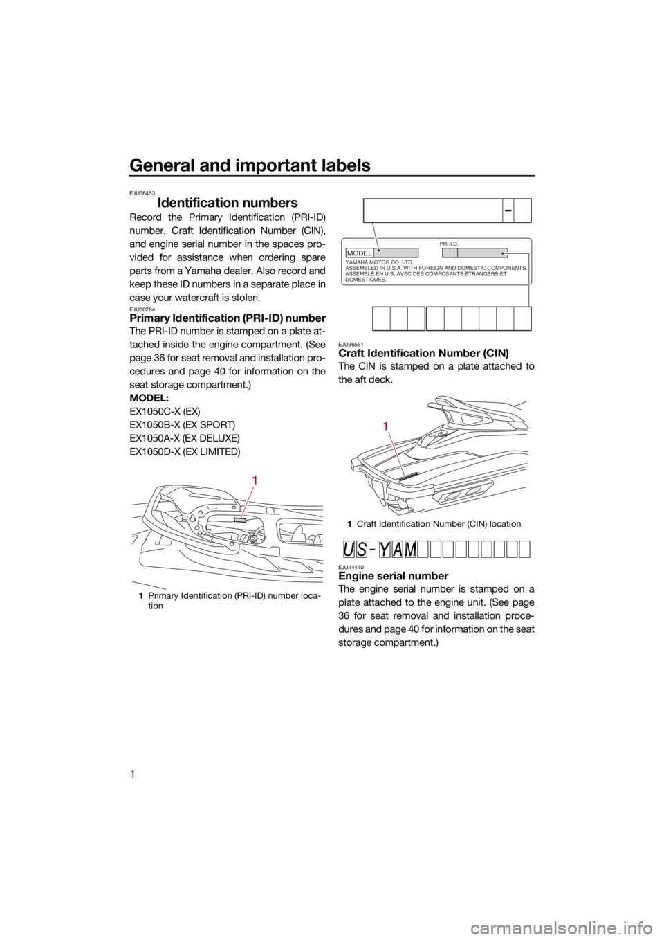 YAMAHA EX 2022  Owners Manual General and important labels
1
EJU36453
Identification numbers
Record the Primary Identification (PRI-ID)
number, Craft Identification Number (CIN),
and engine serial number in the spaces pro-
vided f