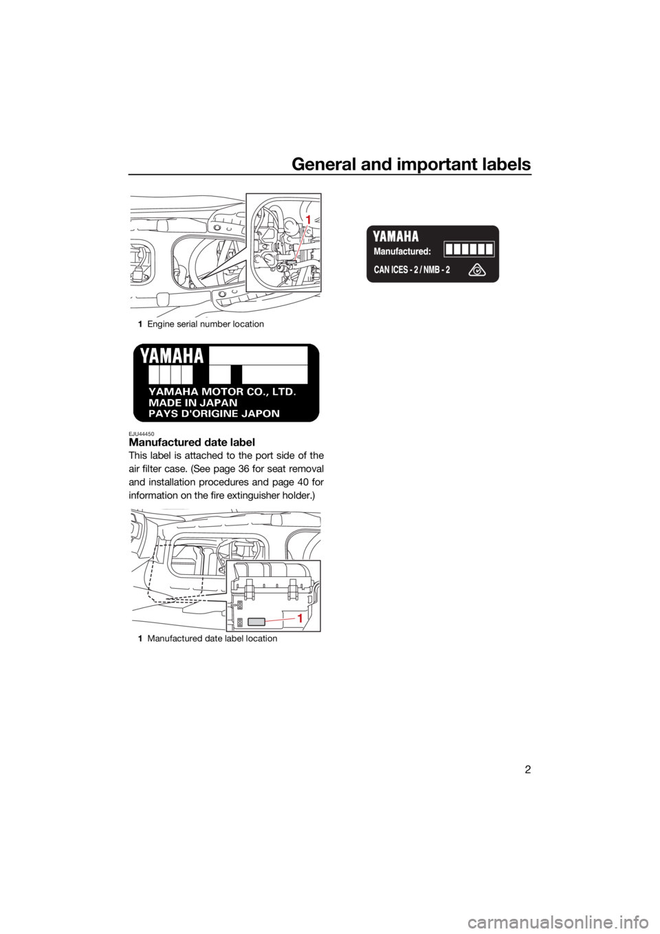 YAMAHA EX 2022  Owners Manual General and important labels
2
EJU44450Manufactured date label
This label is attached to the port side of the
air filter case. (See page 36 for seat removal
and installation procedures and page 40 for