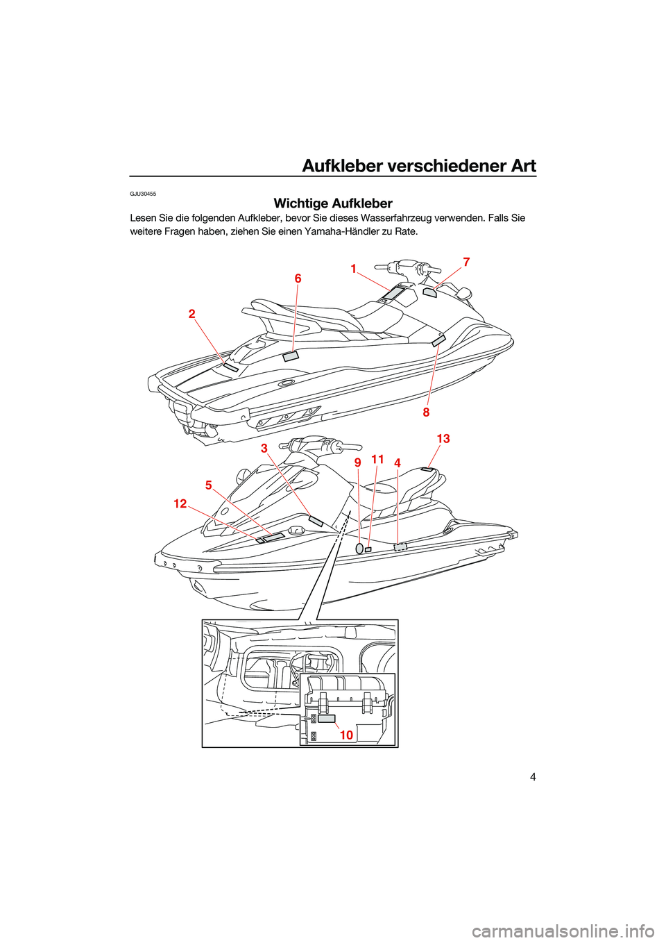 YAMAHA EX LIMITED 2022 Betriebsanleitungen (in German) Aufkleber verschiedener Art
4
GJU30455
Wichtige Aufkleber
Lesen Sie die folgenden Aufkleber, bevor Sie dieses Wasserfahrzeug verwenden. Falls Sie
weitere Fragen haben, ziehen Sie einen Yamaha-Händle YAMAHA EX LIMITED 2022 Betriebsanleitungen (in German) Aufkleber verschiedener Art
4
GJU30455
Wichtige Aufkleber
Lesen Sie die folgenden Aufkleber, bevor Sie dieses Wasserfahrzeug verwenden. Falls Sie
weitere Fragen haben, ziehen Sie einen Yamaha-Händle