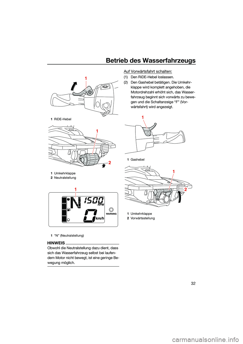 YAMAHA EX SPORT 2022 Betriebsanleitungen (in German) Betrieb des Wasserfahrzeugs
32
HINWEIS
Obwohl die Neutralstellung dazu dient, dass
sich das Wasserfahrzeug selbst bei laufen-
dem Motor nicht bewegt, ist eine geringe Be-
wegung möglich.
Auf Vorwär YAMAHA EX SPORT 2022 Betriebsanleitungen (in German) Betrieb des Wasserfahrzeugs
32
HINWEIS
Obwohl die Neutralstellung dazu dient, dass
sich das Wasserfahrzeug selbst bei laufen-
dem Motor nicht bewegt, ist eine geringe Be-
wegung möglich.
Auf Vorwär