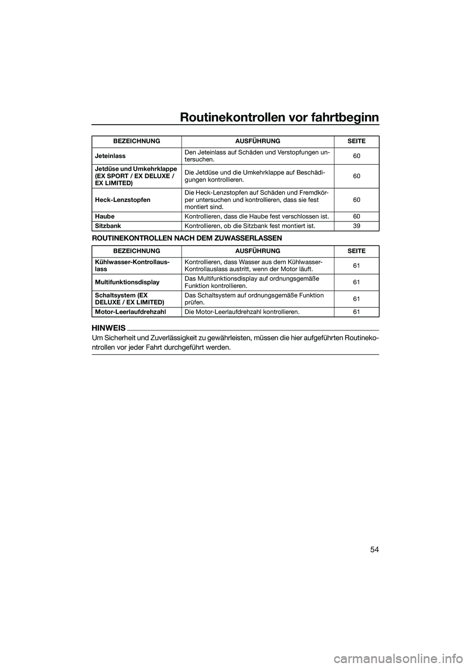 YAMAHA EX 2022 Betriebsanleitungen (in German) Routinekontrollen vor fahrtbeginn
54
ROUTINEKONTROLLEN NACH DEM ZUWASSERLASSEN
HINWEIS
Um Sicherheit und Zuverlässigkeit zu gewährleisten, müssen die hier aufgeführten Routineko-
ntrollen vor jede YAMAHA EX 2022 Betriebsanleitungen (in German) Routinekontrollen vor fahrtbeginn
54
ROUTINEKONTROLLEN NACH DEM ZUWASSERLASSEN
HINWEIS
Um Sicherheit und Zuverlässigkeit zu gewährleisten, müssen die hier aufgeführten Routineko-
ntrollen vor jede