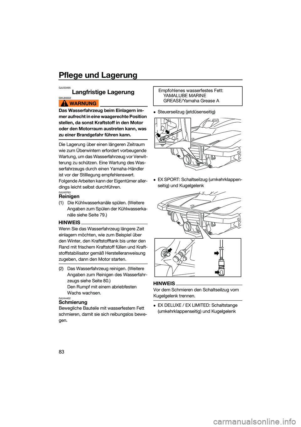 YAMAHA EX 2022  Betriebsanleitungen (in German) Pflege und Lagerung
83
GJU33495
Langfristige LagerungGWJ00332
Das Wasserfahrzeug beim Einlagern im-
mer aufrecht in eine waagerechte Position 
stellen, da sonst Kraftstoff in den Motor 
oder den Motor