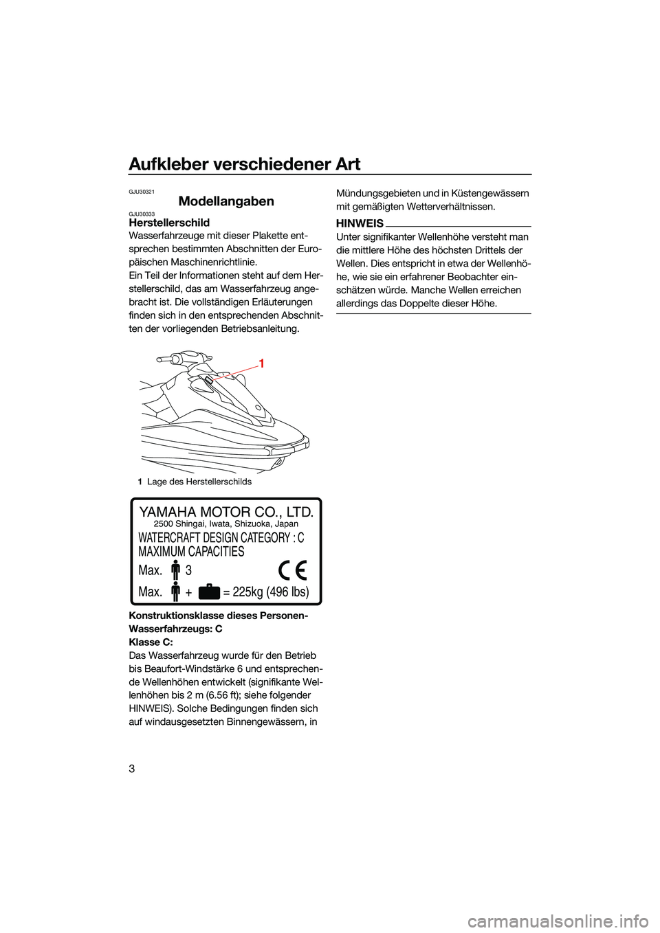 YAMAHA EX 2022  Betriebsanleitungen (in German) Aufkleber verschiedener Art
3
GJU30321
ModellangabenGJU30333Herstellerschild
Wasserfahrzeuge mit dieser Plakette ent-
sprechen bestimmten Abschnitten der Euro-
päischen Maschinenrichtlinie.
Ein Teil 