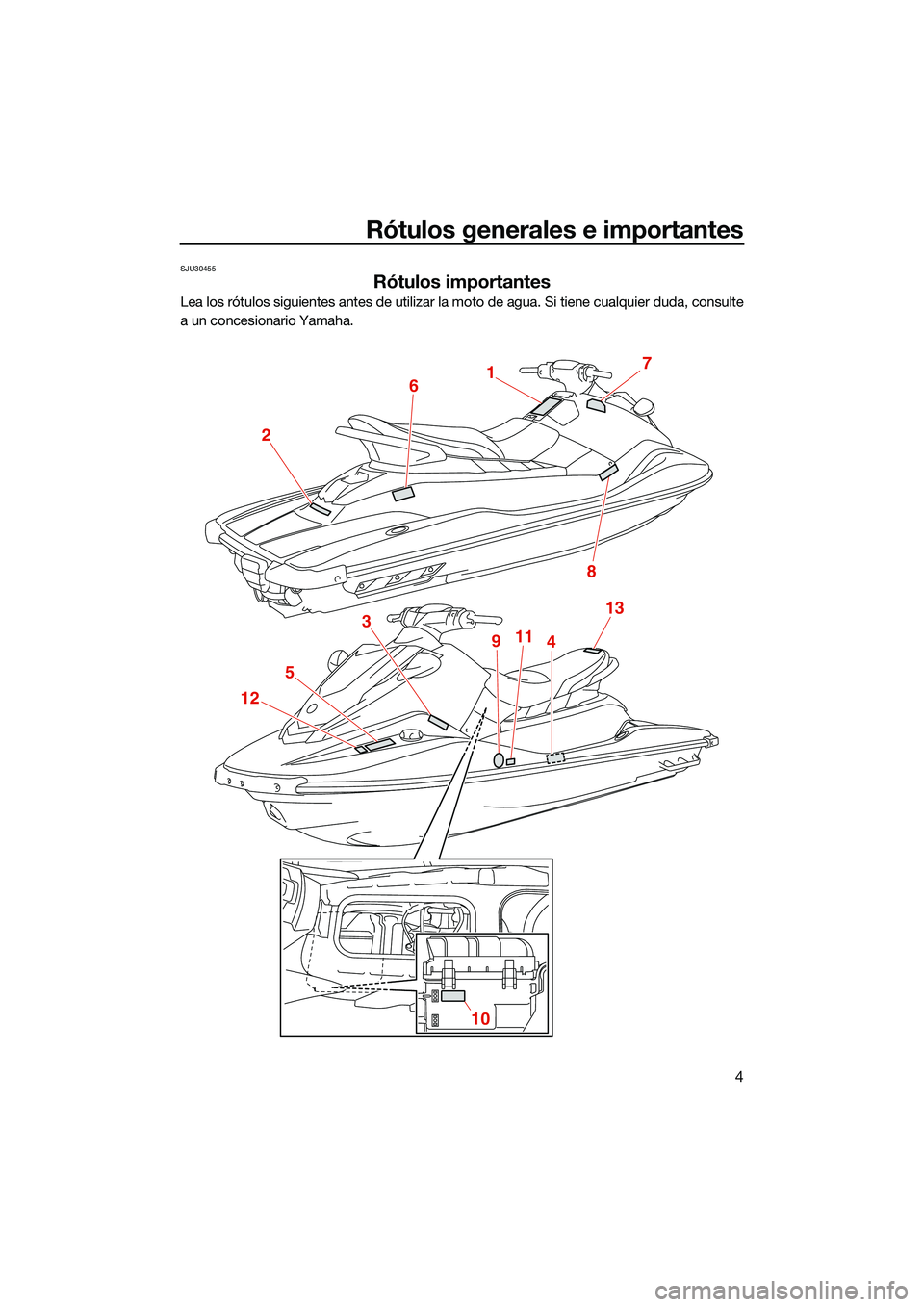 YAMAHA EX 2022 Manuale de Empleo (in Spanish) Rótulos generales e importantes
4
SJU30455
Rótulos importantes
Lea los rótulos siguientes antes de utilizar la moto de agua. Si tiene cualquier duda, consulte
a un concesionario Yamaha.
17
8
2
6
5
YAMAHA EX 2022 Manuale de Empleo (in Spanish) Rótulos generales e importantes
4
SJU30455
Rótulos importantes
Lea los rótulos siguientes antes de utilizar la moto de agua. Si tiene cualquier duda, consulte
a un concesionario Yamaha.
17
8
2
6
5