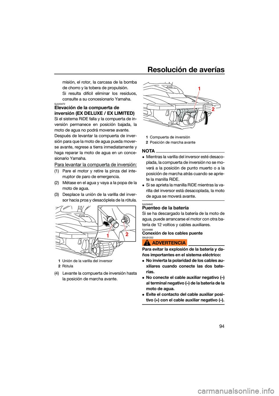YAMAHA EX SPORT 2022  Manuale de Empleo (in Spanish) Resolución de averías
94
misión, el rotor, la carcasa de la bomba
de chorro y la tobera de propulsión.
Si resulta difícil eliminar los residuos,
consulte a su concesionario Yamaha.
SJU43472Elevac