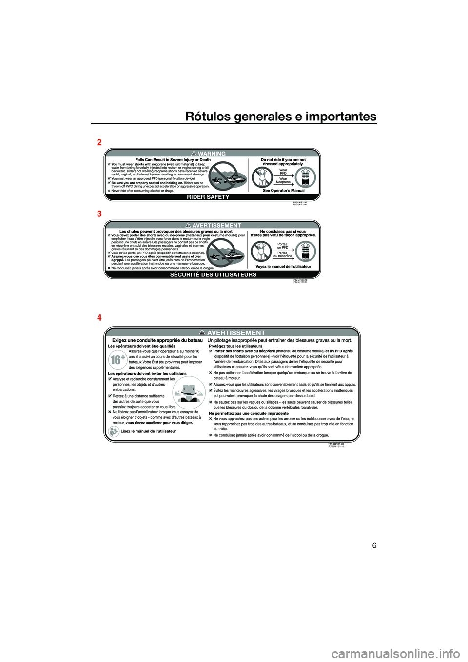 YAMAHA EX 2022 Manuale de Empleo (in Spanish) Rótulos generales e importantes
6
3
4 2
F4E-U41E1-40
F3V-U41B1-30
F3V-U41B1-10
UF3Y75S0.book Page 6 Monday, July 19, 2021 11:43 AM YAMAHA EX 2022 Manuale de Empleo (in Spanish) Rótulos generales e importantes
6
3
4 2
F4E-U41E1-40
F3V-U41B1-30
F3V-U41B1-10
UF3Y75S0.book Page 6 Monday, July 19, 2021 11:43 AM