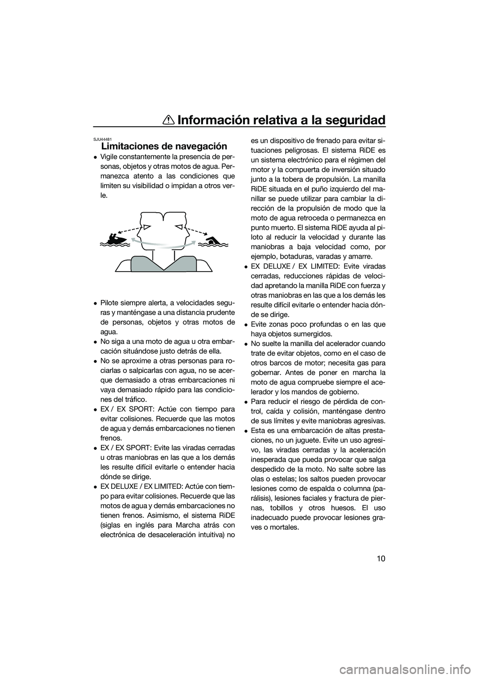 YAMAHA EX 2022 Manuale de Empleo (in Spanish) Información relativa a la seguridad
10
SJU44481
Limitaciones de navegación
Vigile constantemente la presencia de per-
sonas, objetos y otras motos de agua. Per-
manezca atento a las condiciones q YAMAHA EX 2022 Manuale de Empleo (in Spanish) Información relativa a la seguridad
10
SJU44481
Limitaciones de navegación
Vigile constantemente la presencia de per-
sonas, objetos y otras motos de agua. Per-
manezca atento a las condiciones q