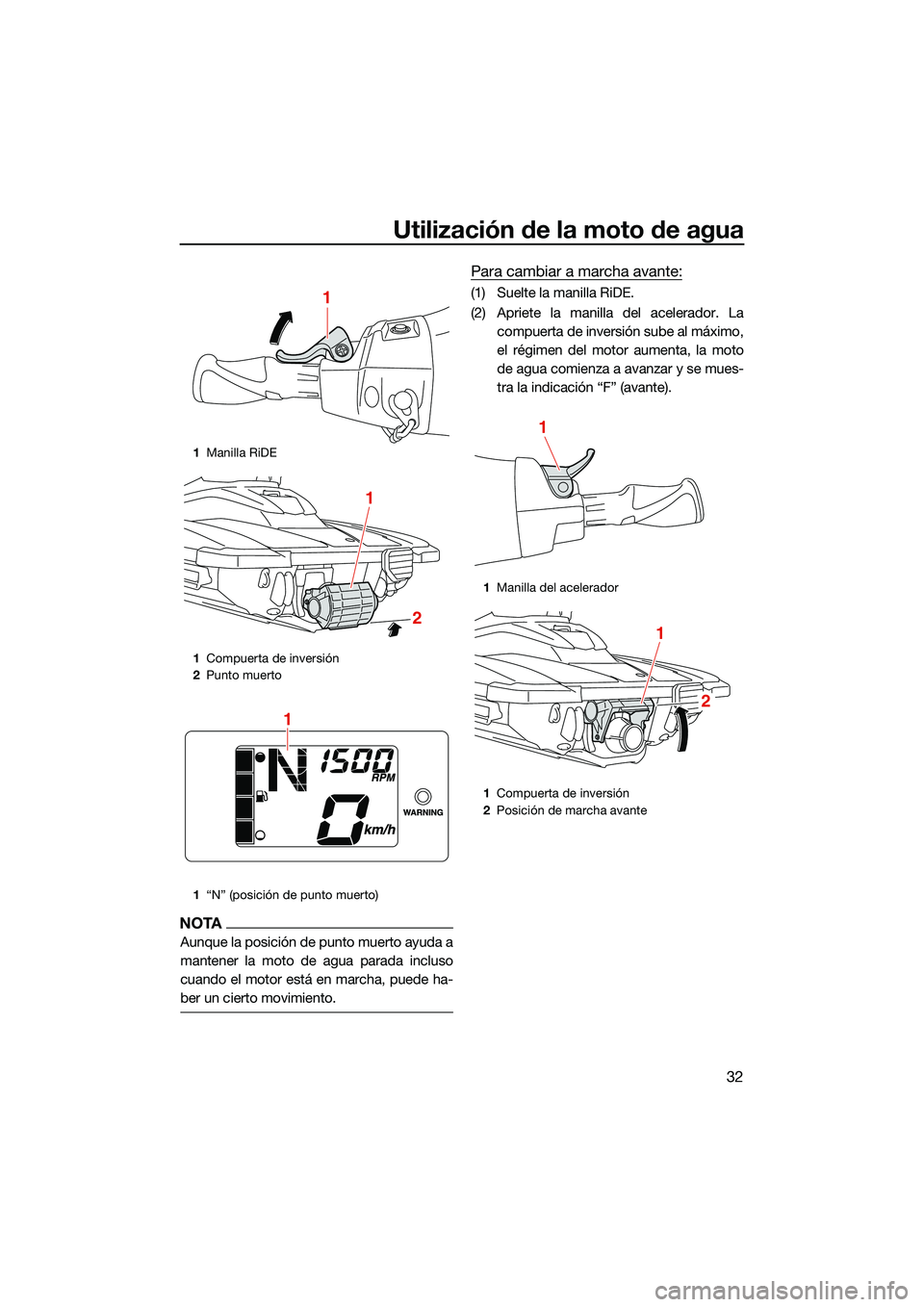 YAMAHA EX LIMITED 2022 Manuale de Empleo (in Spanish) Utilización de la moto de agua
32
NOTA
Aunque la posición de punto muerto ayuda a
mantener la moto de agua parada incluso
cuando el motor está en marcha, puede ha-
ber un cierto movimiento.
Para ca YAMAHA EX LIMITED 2022 Manuale de Empleo (in Spanish) Utilización de la moto de agua
32
NOTA
Aunque la posición de punto muerto ayuda a
mantener la moto de agua parada incluso
cuando el motor está en marcha, puede ha-
ber un cierto movimiento.
Para ca