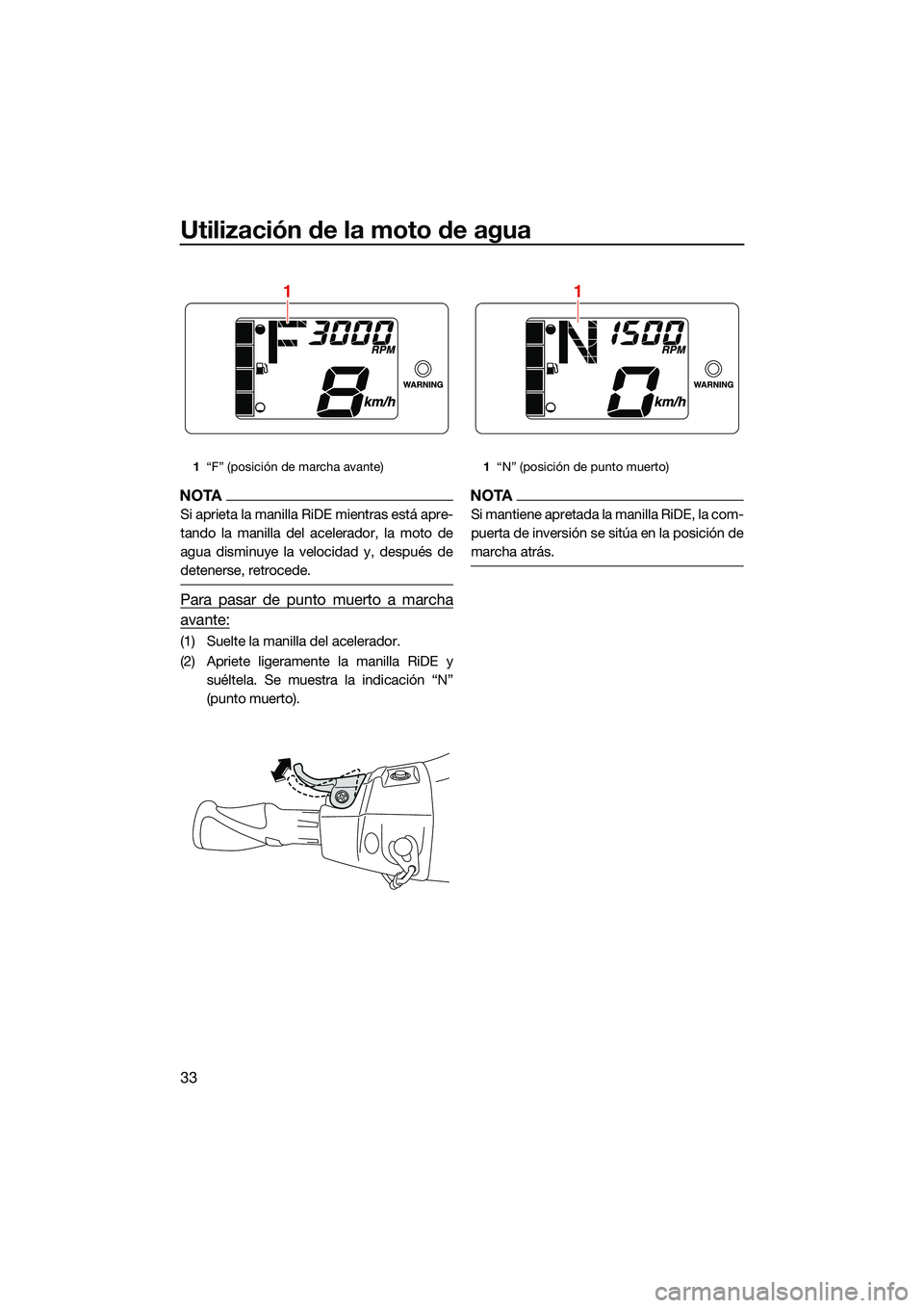 YAMAHA EX LIMITED 2022 Manuale de Empleo (in Spanish) Utilización de la moto de agua
33
NOTA
Si aprieta la manilla RiDE mientras está apre-
tando la manilla del acelerador, la moto de
agua disminuye la velocidad y, después de
detenerse, retrocede.
Par YAMAHA EX LIMITED 2022 Manuale de Empleo (in Spanish) Utilización de la moto de agua
33
NOTA
Si aprieta la manilla RiDE mientras está apre-
tando la manilla del acelerador, la moto de
agua disminuye la velocidad y, después de
detenerse, retrocede.
Par