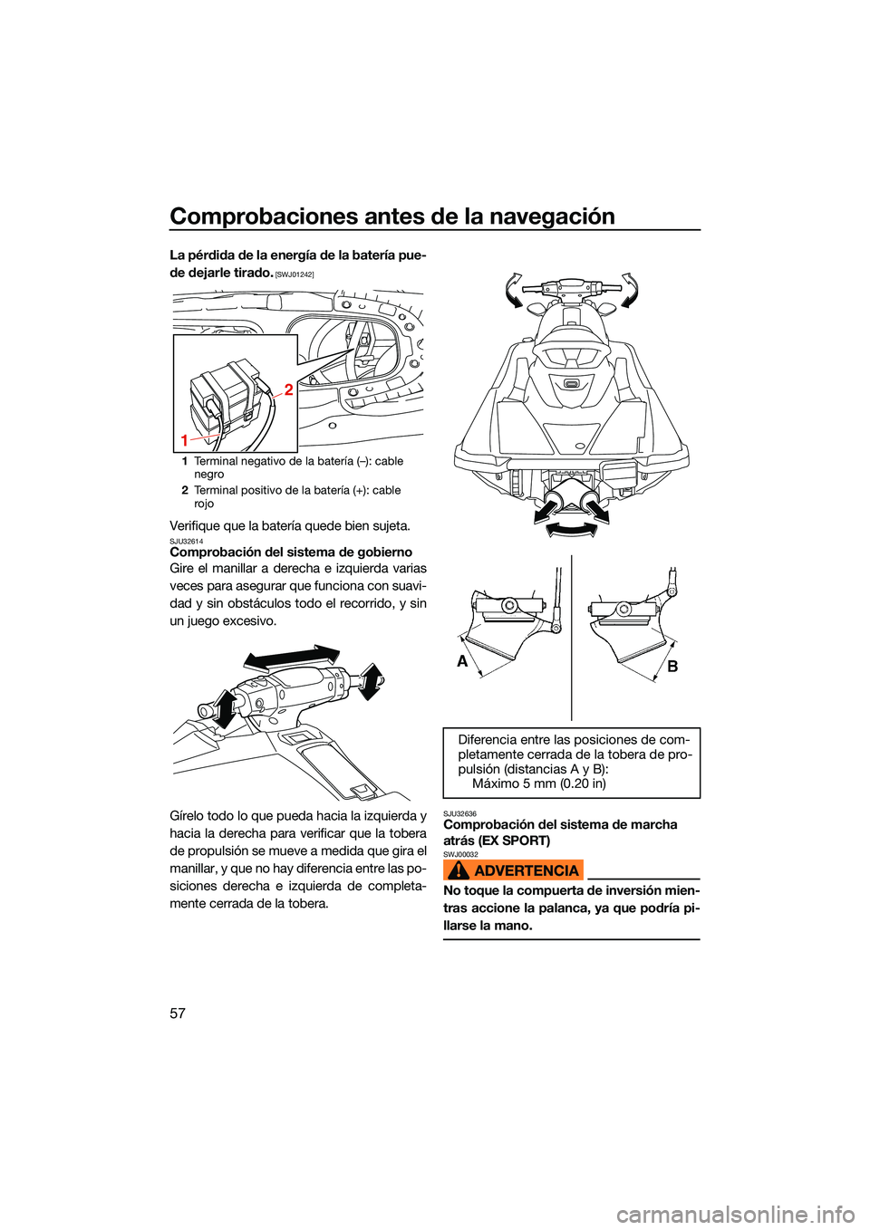 YAMAHA EX LIMITED 2022  Manuale de Empleo (in Spanish) Comprobaciones antes de la navegación
57
La pérdida de la energía de la batería pue-
de dejarle tirado.
 [SWJ01242]
Verifique que la batería quede bien sujeta.SJU32614Comprobación del sistema de