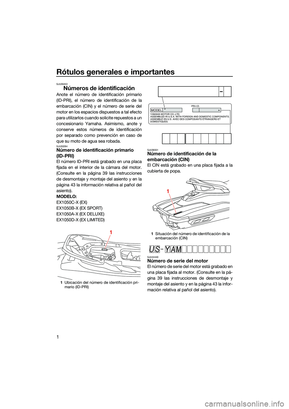 YAMAHA EX 2022 Manuale de Empleo (in Spanish) Rótulos generales e importantes
1
SJU36453
Números de identificación
Anote el número de identificación primario
(ID-PRI), el número de identificación de la
embarcación (CIN) y el número de se YAMAHA EX 2022 Manuale de Empleo (in Spanish) Rótulos generales e importantes
1
SJU36453
Números de identificación
Anote el número de identificación primario
(ID-PRI), el número de identificación de la
embarcación (CIN) y el número de se
