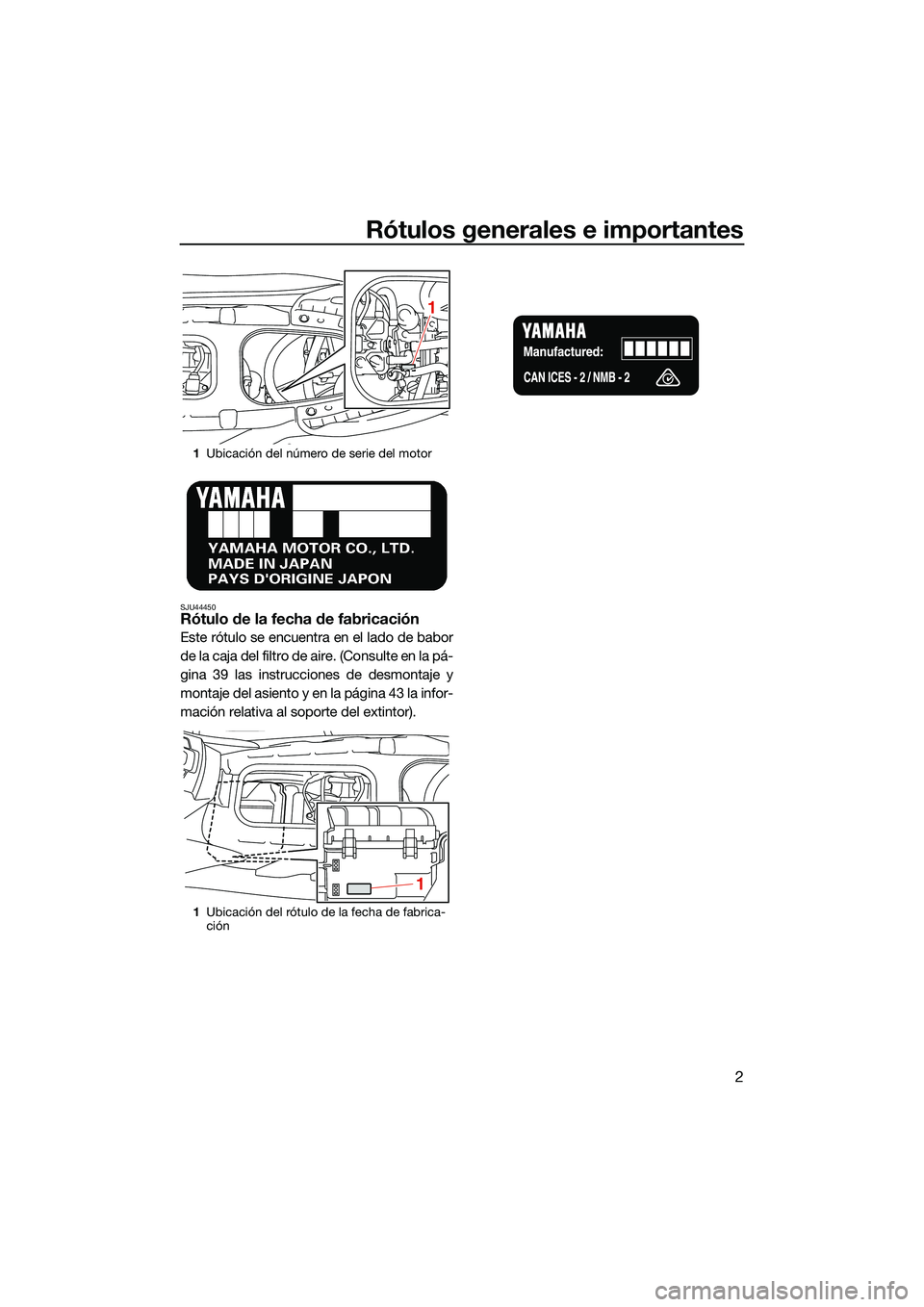 YAMAHA EX 2022  Manuale de Empleo (in Spanish) Rótulos generales e importantes
2
SJU44450Rótulo de la fecha de fabricación
Este rótulo se encuentra en el lado de babor
de la caja del filtro de aire. (Consulte en la pá-
gina 39 las instruccion