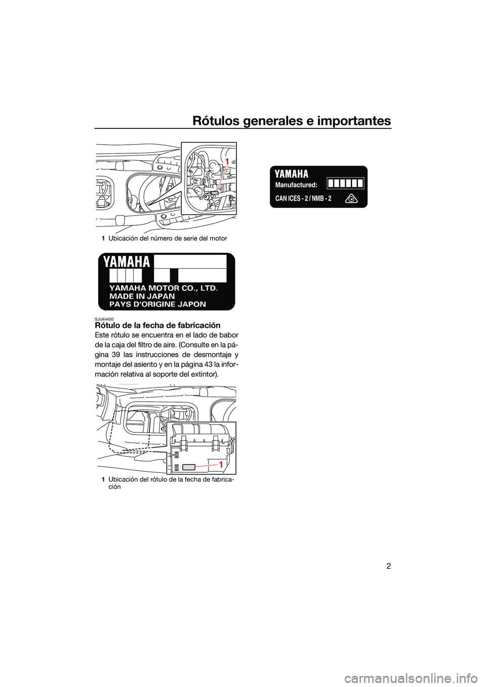 YAMAHA EX DELUXE 2022  Manuale de Empleo (in Spanish) Rótulos generales e importantes
2
SJU44450Rótulo de la fecha de fabricación
Este rótulo se encuentra en el lado de babor
de la caja del filtro de aire. (Consulte en la pá-
gina 39 las instruccion