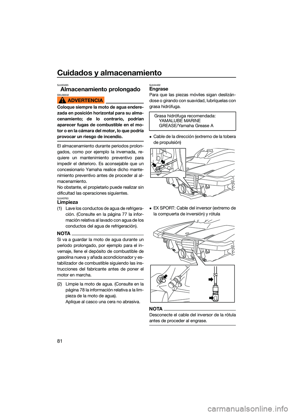 YAMAHA EX LIMITED 2022 Manuale de Empleo (in Spanish) Cuidados y almacenamiento
81
SJU33495
Almacenamiento prolongadoSWJ00332
Coloque siempre la moto de agua endere-
zada en posición horizontal para su alma-
cenamiento; de lo contrario, podrían
aparece YAMAHA EX LIMITED 2022 Manuale de Empleo (in Spanish) Cuidados y almacenamiento
81
SJU33495
Almacenamiento prolongadoSWJ00332
Coloque siempre la moto de agua endere-
zada en posición horizontal para su alma-
cenamiento; de lo contrario, podrían
aparece