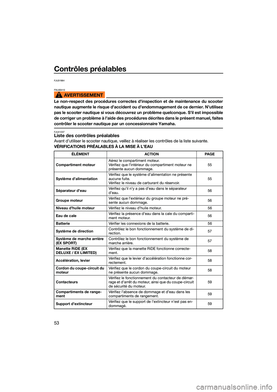 YAMAHA EX DELUXE 2022  Notices Demploi (in French) Contrôles préalables
53
FJU31984
FWJ00413
Le non-respect des procédures correctes d’inspection et de maintenance du scooter
nautique augmente le risque d’accident ou d’endommagement de ce der