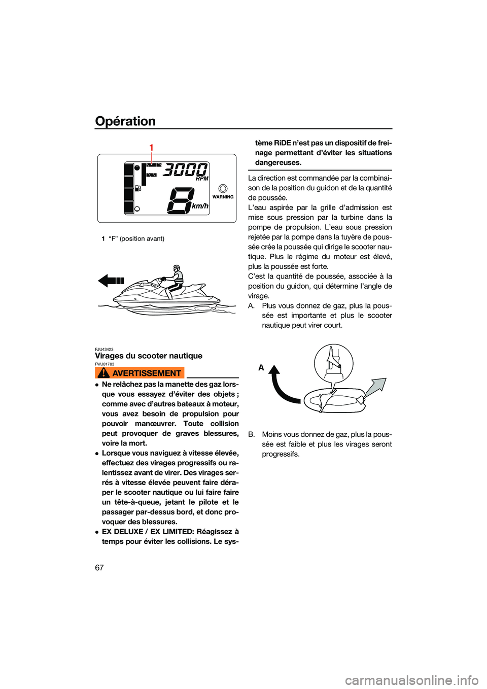 YAMAHA EX LIMITED 2022 Notices Demploi (in French) Opération
67
FJU43423Virages du scooter nautiqueFWJ01783
Ne relâchez pas la manette des gaz lors-
que vous essayez d’éviter des objets ;
comme avec d’autres bateaux à moteur,
vous avez beso YAMAHA EX LIMITED 2022 Notices Demploi (in French) Opération
67
FJU43423Virages du scooter nautiqueFWJ01783
Ne relâchez pas la manette des gaz lors-
que vous essayez d’éviter des objets ;
comme avec d’autres bateaux à moteur,
vous avez beso