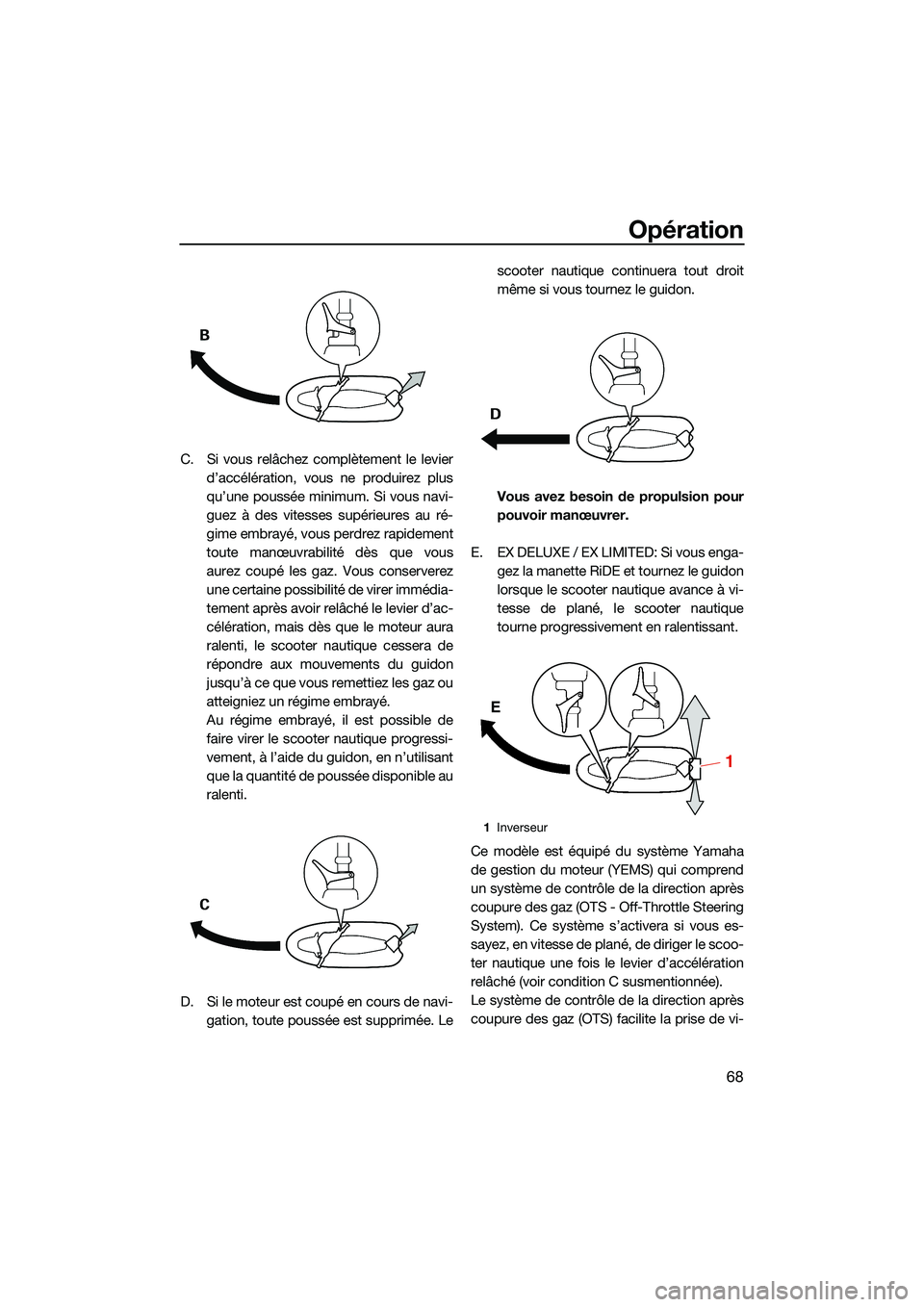 YAMAHA EX DELUXE 2022  Notices Demploi (in French) Opération
68
C. Si vous relâchez complètement le levierd’accélération, vous ne produirez plus
qu’une poussée minimum. Si vous navi-
guez à des vitesses supérieures au ré-
gime embrayé, v