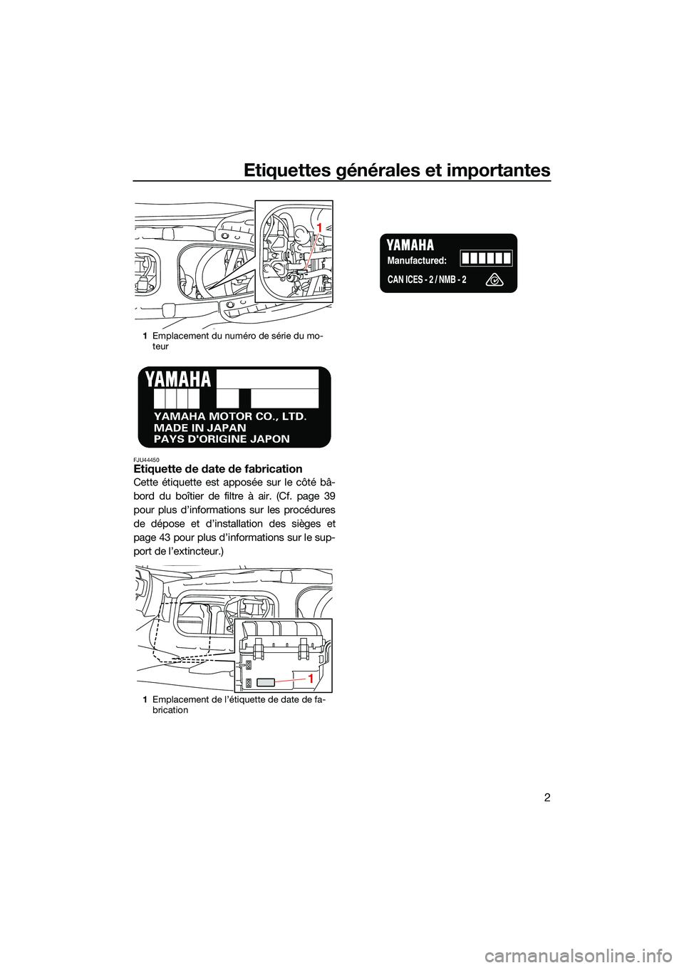 YAMAHA EX 2022  Notices Demploi (in French) Etiquettes générales et importantes
2
FJU44450Etiquette de date de fabrication
Cette étiquette est apposée sur le côté bâ-
bord du boîtier de filtre à air. (Cf. page 39
pour plus d’informat