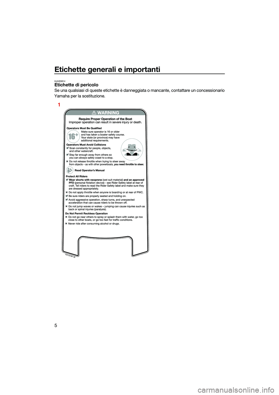 YAMAHA EX LIMITED 2022 Manuale duso (in Italian) Etichette generali e importanti
5
HJU35914Etichette di pericolo
Se una qualsiasi di queste etichette è danneggiata o mancante, contattare un concessionario
Yamaha per la sostituzione.
1
UF3Y75H0.book YAMAHA EX LIMITED 2022 Manuale duso (in Italian) Etichette generali e importanti
5
HJU35914Etichette di pericolo
Se una qualsiasi di queste etichette è danneggiata o mancante, contattare un concessionario
Yamaha per la sostituzione.
1
UF3Y75H0.book