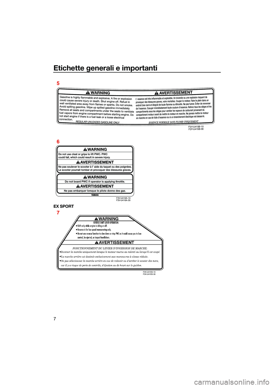YAMAHA EX LIMITED 2022 Manuale duso (in Italian) Etichette generali e importanti
7
EX SPORT
F3V-U416A-10
F3V-U416A-30
F3Y-U415B-10
F3Y-U415B-30
6 5
F3K-U41D5-10
F3K-U41D5-30
7
UF3Y75H0.book Page 7 Monday, July 19, 2021 10:36 AM YAMAHA EX LIMITED 2022 Manuale duso (in Italian) Etichette generali e importanti
7
EX SPORT
F3V-U416A-10
F3V-U416A-30
F3Y-U415B-10
F3Y-U415B-30
6 5
F3K-U41D5-10
F3K-U41D5-30
7
UF3Y75H0.book Page 7 Monday, July 19, 2021 10:36 AM