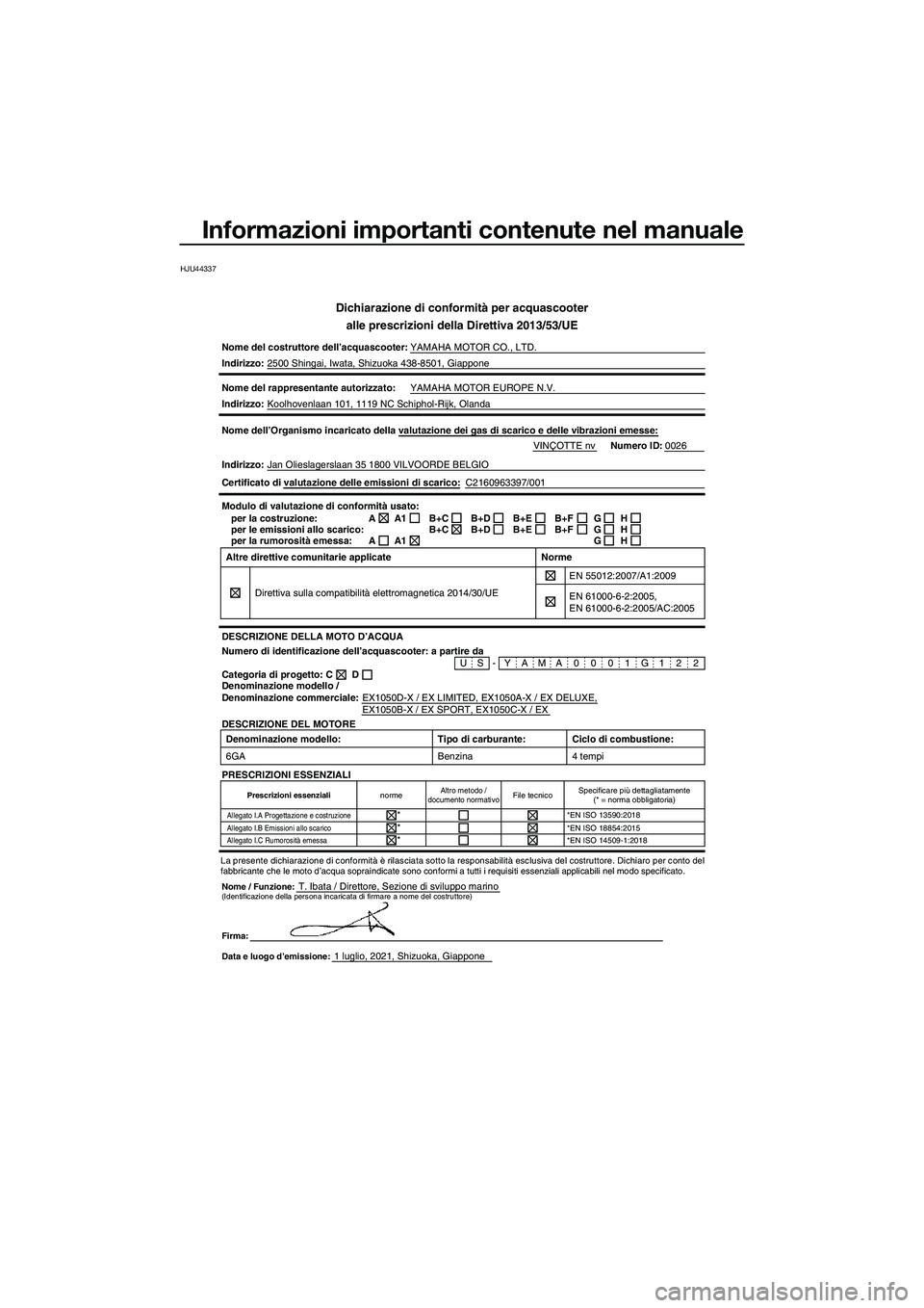 YAMAHA EX LIMITED 2022  Manuale duso (in Italian) Informazioni importanti contenute nel manuale
HJU44337
Dichiarazione di conformità per acquascooteralle prescrizioni della Direttiva 2013/53/UE
Nome del costruttore dell’acquascooter: YAMAHA MOTOR 