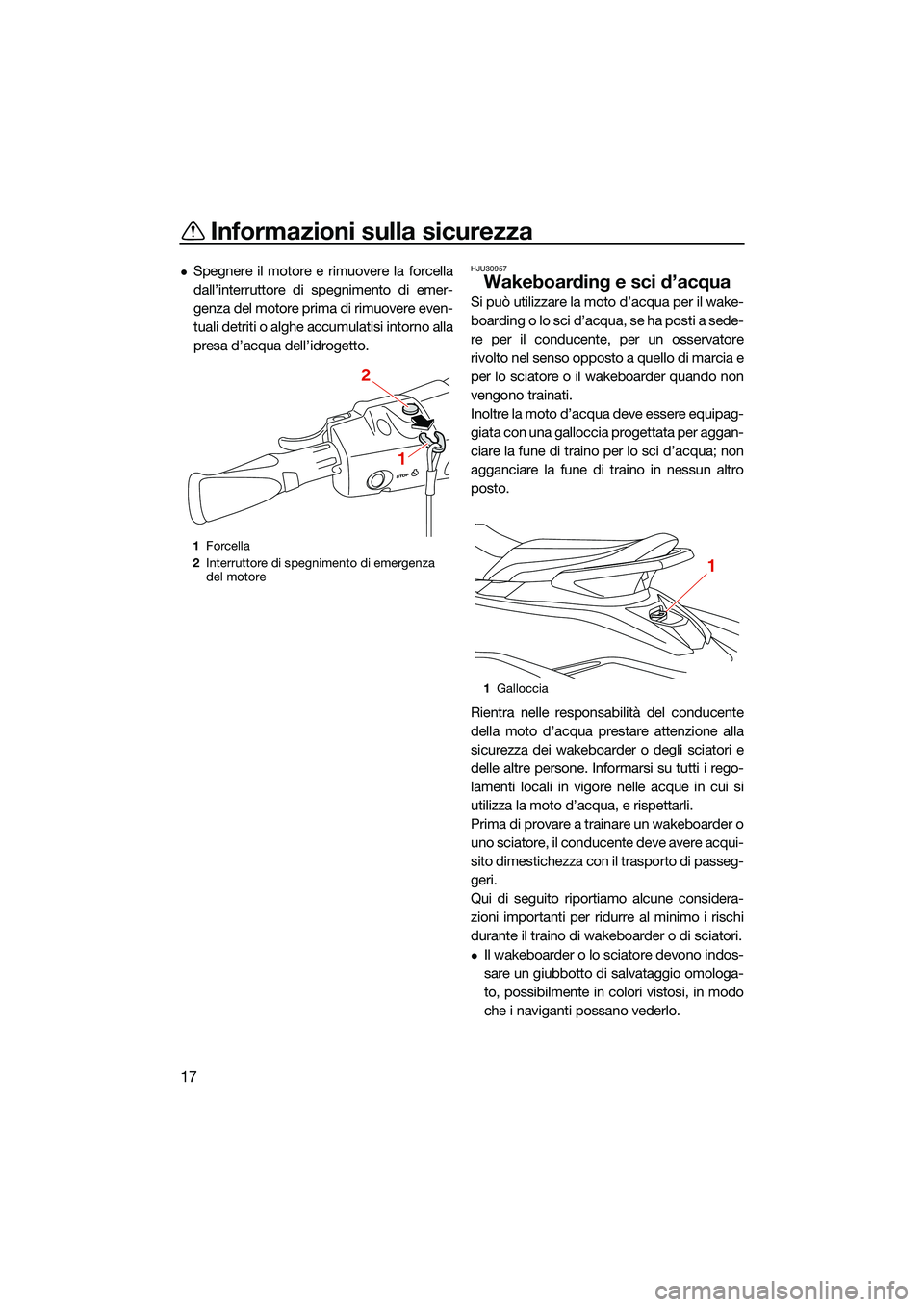 YAMAHA EX DELUXE 2022 Manuale duso (in Italian) Informazioni sulla sicurezza
17
Spegnere il motore e rimuovere la forcella
dall’interruttore di spegnimento di emer-
genza del motore prima di rimuovere even-
tuali detriti o alghe accumulatisi i YAMAHA EX DELUXE 2022 Manuale duso (in Italian) Informazioni sulla sicurezza
17
Spegnere il motore e rimuovere la forcella
dall’interruttore di spegnimento di emer-
genza del motore prima di rimuovere even-
tuali detriti o alghe accumulatisi i