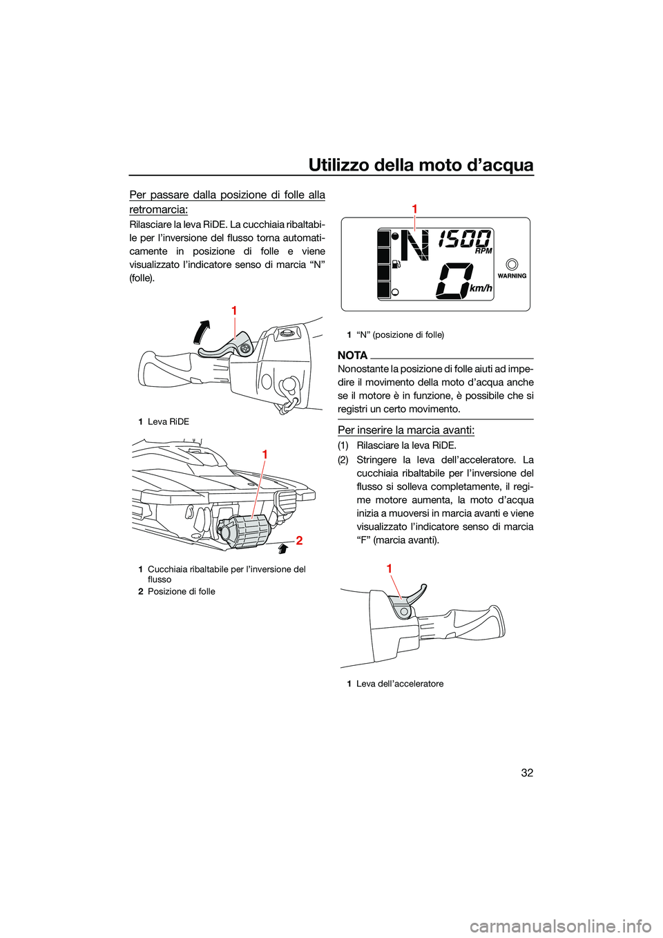 YAMAHA EX LIMITED 2022 Manuale duso (in Italian) Utilizzo della moto d’acqua
32
Per passare dalla posizione di folle alla
retromarcia:
Rilasciare la leva RiDE. La cucchiaia ribaltabi-
le per l’inversione del flusso torna automati-
camente in pos YAMAHA EX LIMITED 2022 Manuale duso (in Italian) Utilizzo della moto d’acqua
32
Per passare dalla posizione di folle alla
retromarcia:
Rilasciare la leva RiDE. La cucchiaia ribaltabi-
le per l’inversione del flusso torna automati-
camente in pos
