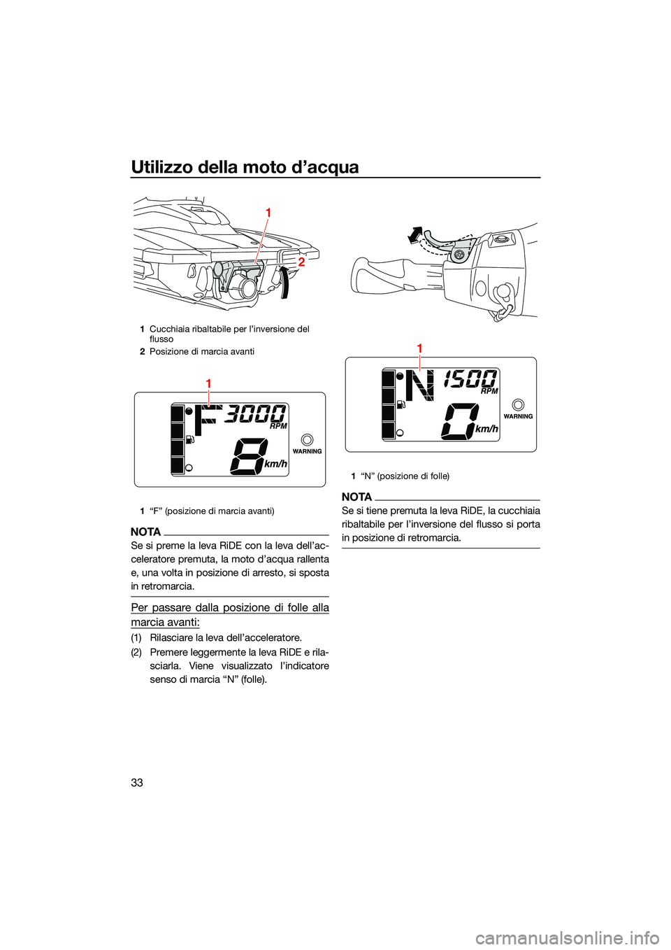 YAMAHA EX LIMITED 2022 Manuale duso (in Italian) Utilizzo della moto d’acqua
33
NOTA
Se si preme la leva RiDE con la leva dell’ac-
celeratore premuta, la moto d’acqua rallenta
e, una volta in posizione di arresto, si sposta
in retromarcia.
Per YAMAHA EX LIMITED 2022 Manuale duso (in Italian) Utilizzo della moto d’acqua
33
NOTA
Se si preme la leva RiDE con la leva dell’ac-
celeratore premuta, la moto d’acqua rallenta
e, una volta in posizione di arresto, si sposta
in retromarcia.
Per