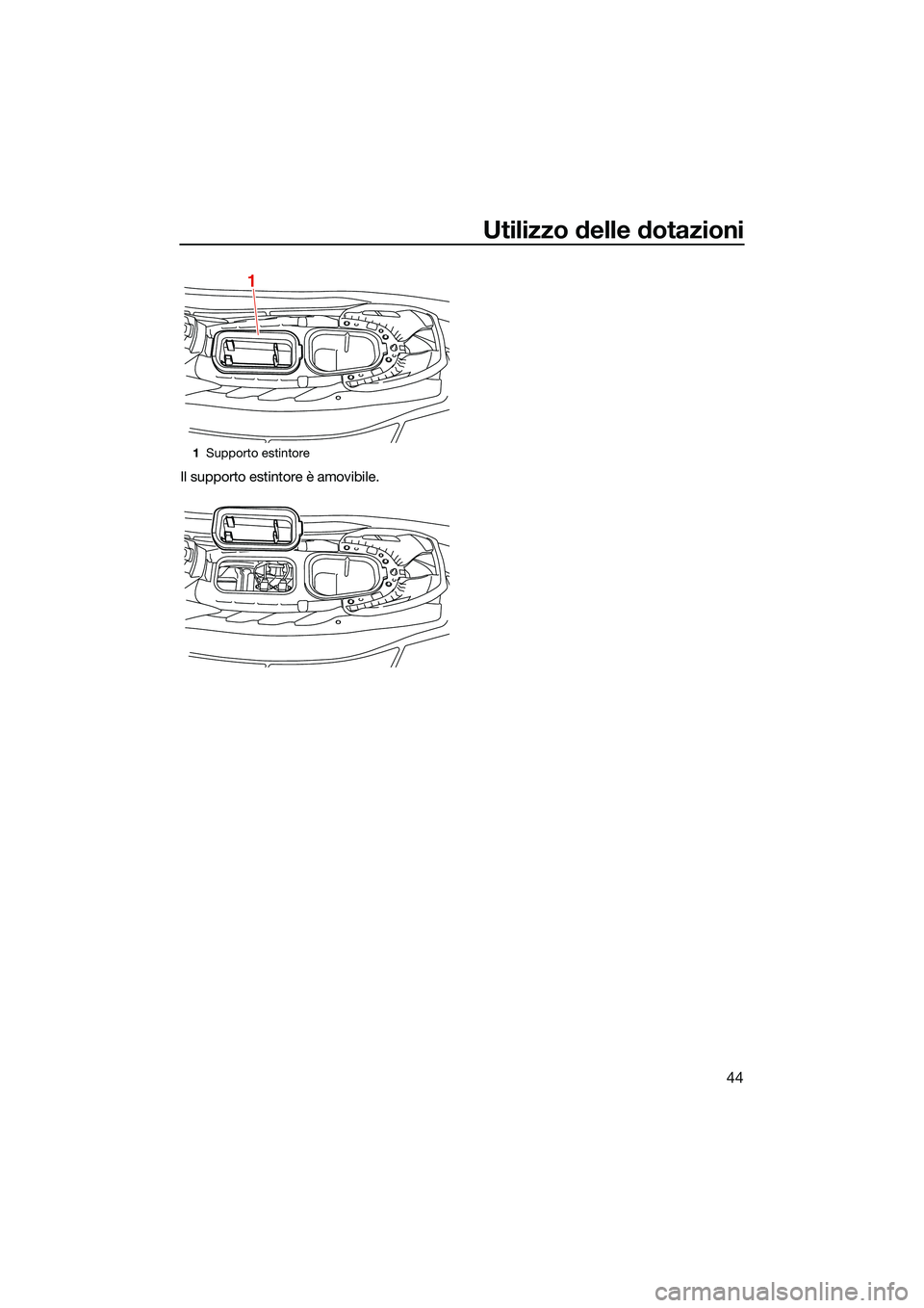 YAMAHA EX LIMITED 2022 Manuale duso (in Italian) Utilizzo delle dotazioni
44
Il supporto estintore è amovibile.
1Supporto estintore
1
UF3Y75H0.book Page 44 Monday, July 19, 2021 10:36 AM YAMAHA EX LIMITED 2022 Manuale duso (in Italian) Utilizzo delle dotazioni
44
Il supporto estintore è amovibile.
1Supporto estintore
1
UF3Y75H0.book Page 44 Monday, July 19, 2021 10:36 AM