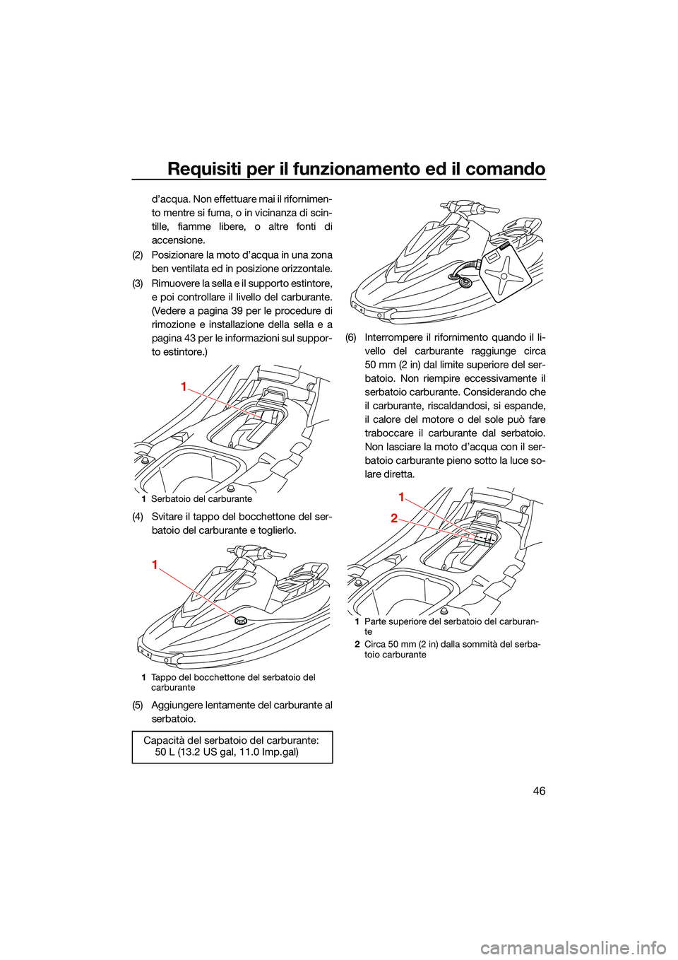 YAMAHA EX LIMITED 2022 Manuale duso (in Italian) Requisiti per il funzionamento ed il comando
46
d’acqua. Non effettuare mai il rifornimen-
to mentre si fuma, o in vicinanza di scin-
tille, fiamme libere, o altre fonti di
accensione.
(2) Posiziona YAMAHA EX LIMITED 2022 Manuale duso (in Italian) Requisiti per il funzionamento ed il comando
46
d’acqua. Non effettuare mai il rifornimen-
to mentre si fuma, o in vicinanza di scin-
tille, fiamme libere, o altre fonti di
accensione.
(2) Posiziona