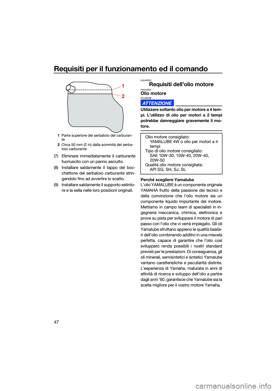 YAMAHA EX LIMITED 2022 Manuale duso (in Italian) Requisiti per il funzionamento ed il comando
47
(7) Eliminare immediatamente il carburantefuoriuscito con un panno asciutto.
(8) Installare saldamente il tappo del boc- chettone del serbatoio carburan YAMAHA EX LIMITED 2022 Manuale duso (in Italian) Requisiti per il funzionamento ed il comando
47
(7) Eliminare immediatamente il carburantefuoriuscito con un panno asciutto.
(8) Installare saldamente il tappo del boc- chettone del serbatoio carburan