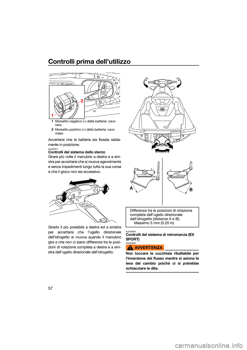 YAMAHA EX LIMITED 2022 Manuale duso (in Italian) Controlli prima dell’utilizzo
57
Accertarsi che la batteria sia fissata salda-
mente in posizione.
HJU32614Controlli del sistema dello sterzo
Girare più volte il manubrio a destra e a sini-
stra pe YAMAHA EX LIMITED 2022 Manuale duso (in Italian) Controlli prima dell’utilizzo
57
Accertarsi che la batteria sia fissata salda-
mente in posizione.
HJU32614Controlli del sistema dello sterzo
Girare più volte il manubrio a destra e a sini-
stra pe