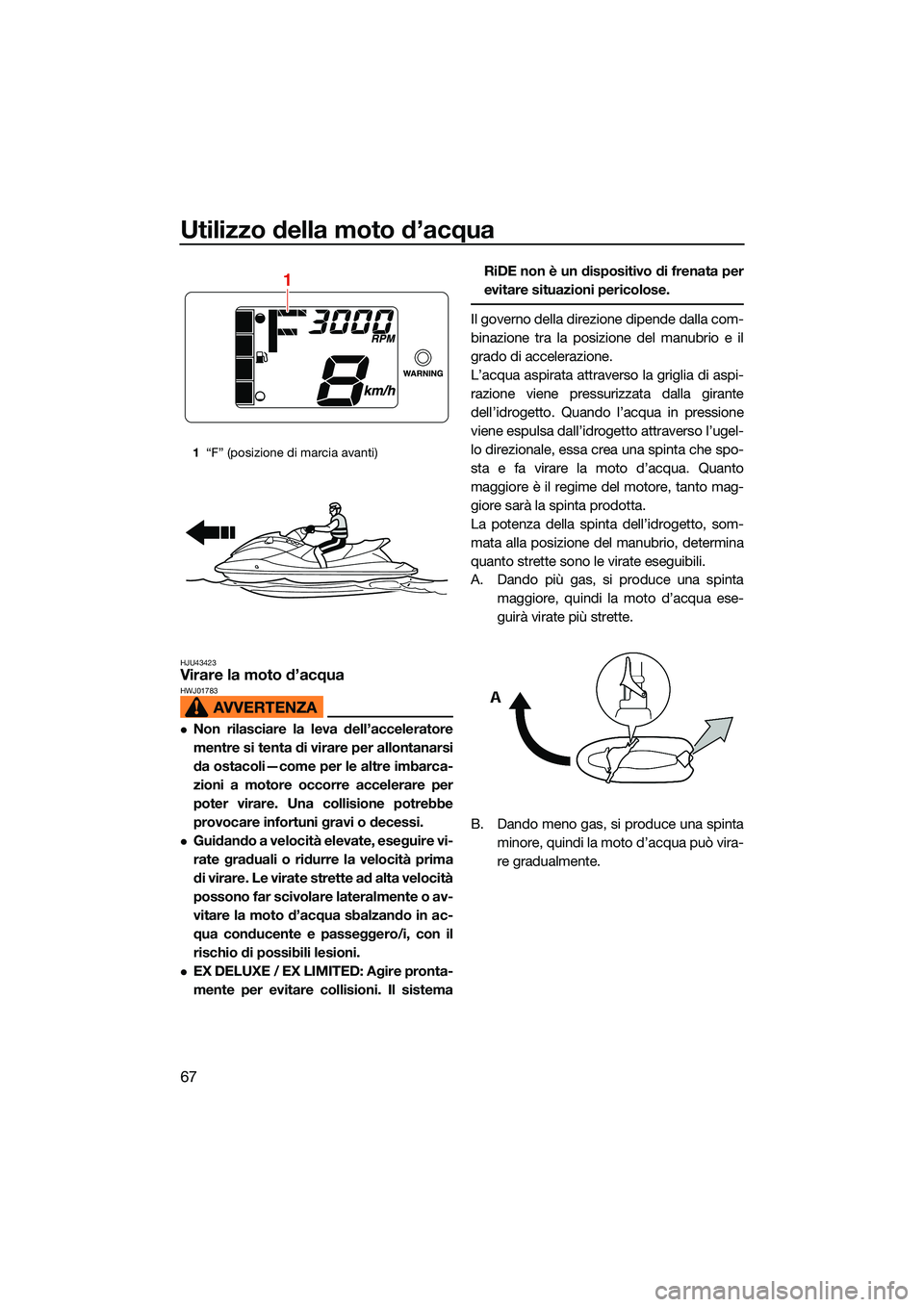 YAMAHA EX LIMITED 2022 Manuale duso (in Italian) Utilizzo della moto d’acqua
67
HJU43423Virare la moto d’acquaHWJ01783
Non rilasciare la leva dell’acceleratore
mentre si tenta di virare per allontanarsi
da ostacoli—come per le altre imbar YAMAHA EX LIMITED 2022 Manuale duso (in Italian) Utilizzo della moto d’acqua
67
HJU43423Virare la moto d’acquaHWJ01783
Non rilasciare la leva dell’acceleratore
mentre si tenta di virare per allontanarsi
da ostacoli—come per le altre imbar