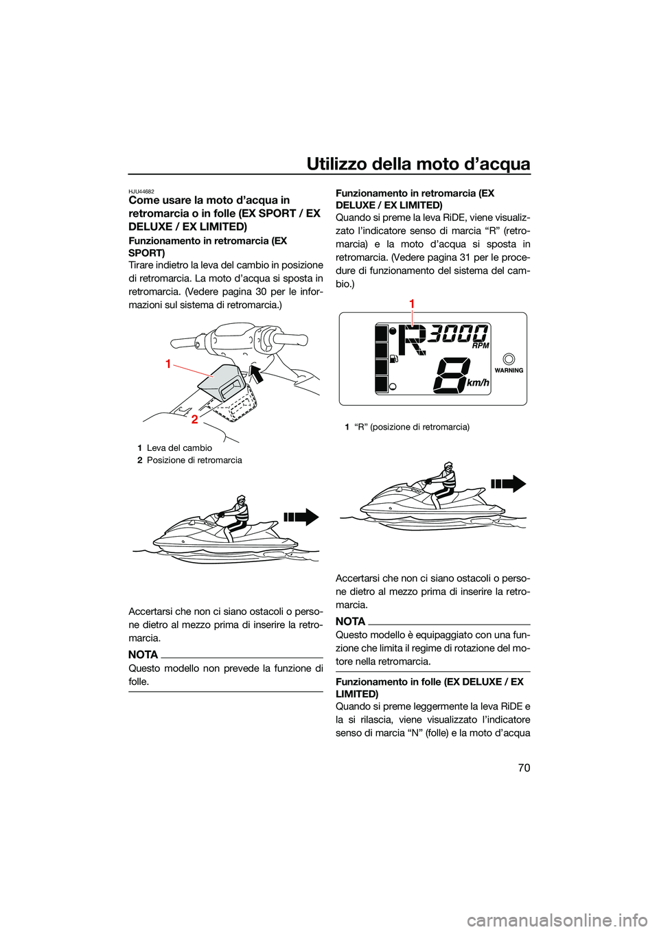 YAMAHA EX SPORT 2022 Manuale duso (in Italian) Utilizzo della moto d’acqua
70
HJU44682Come usare la moto d’acqua in
retromarcia o in folle (EX SPORT / EX
DELUXE / EX LIMITED)
Funzionamento in retromarcia (EX
SPORT) Tirare indietro la leva d YAMAHA EX SPORT 2022 Manuale duso (in Italian) Utilizzo della moto d’acqua
70
HJU44682Come usare la moto d’acqua in
retromarcia o in folle (EX SPORT / EX
DELUXE / EX LIMITED)
Funzionamento in retromarcia (EX
SPORT) Tirare indietro la leva d