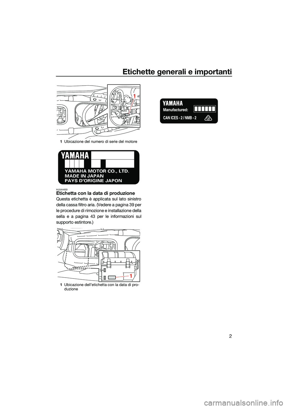 YAMAHA EX DELUXE 2022 Manuale duso (in Italian) Etichette generali e importanti
2
HJU44450Etichetta con la data di produzione
Questa etichetta è applicata sul lato sinistro
della cassa filtro aria. (Vedere a pagina 39 per
le procedure di rimozione YAMAHA EX DELUXE 2022 Manuale duso (in Italian) Etichette generali e importanti
2
HJU44450Etichetta con la data di produzione
Questa etichetta è applicata sul lato sinistro
della cassa filtro aria. (Vedere a pagina 39 per
le procedure di rimozione
