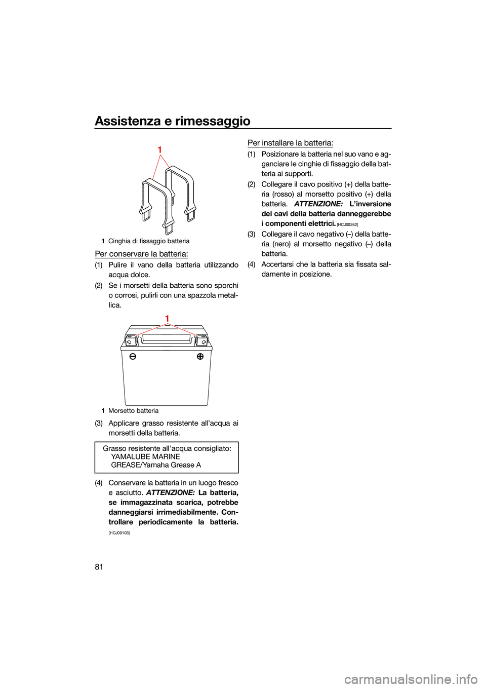 YAMAHA EX LIMITED 2022 Manuale duso (in Italian) Assistenza e rimessaggio
81
Per conservare la batteria:
(1) Pulire il vano della batteria utilizzandoacqua dolce.
(2) Se i morsetti della batteria sono sporchi o corrosi, pulirli con una spazzola meta YAMAHA EX LIMITED 2022 Manuale duso (in Italian) Assistenza e rimessaggio
81
Per conservare la batteria:
(1) Pulire il vano della batteria utilizzandoacqua dolce.
(2) Se i morsetti della batteria sono sporchi o corrosi, pulirli con una spazzola meta