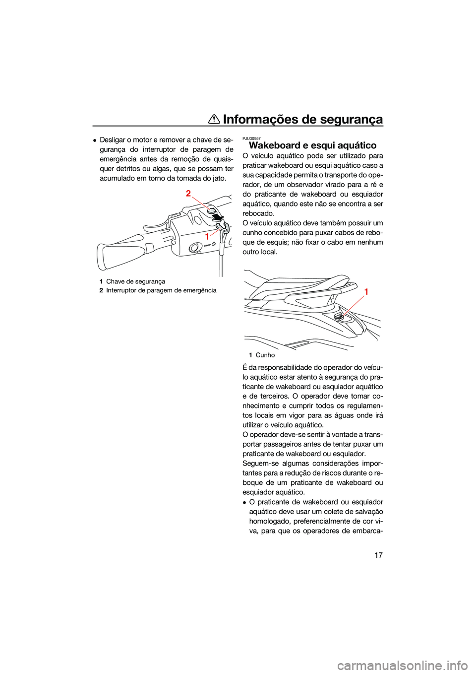 YAMAHA EX DELUXE 2022  Manual de utilização (in Portuguese) Informações de segurança
17
Desligar o motor e remover a chave de se-
gurança do interruptor de paragem de
emergência antes da remoção de quais-
quer detritos ou algas, que se possam ter
acu