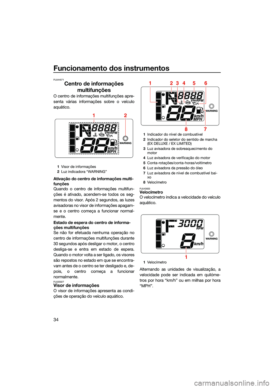 YAMAHA EX DELUXE 2022  Manual de utilização (in Portuguese) Funcionamento dos instrumentos
34
PJU44571
Centro de informações multifunções
O centro de informações multifunções apre-
senta várias informações sobre o veículo
aquático.
Ativação do c