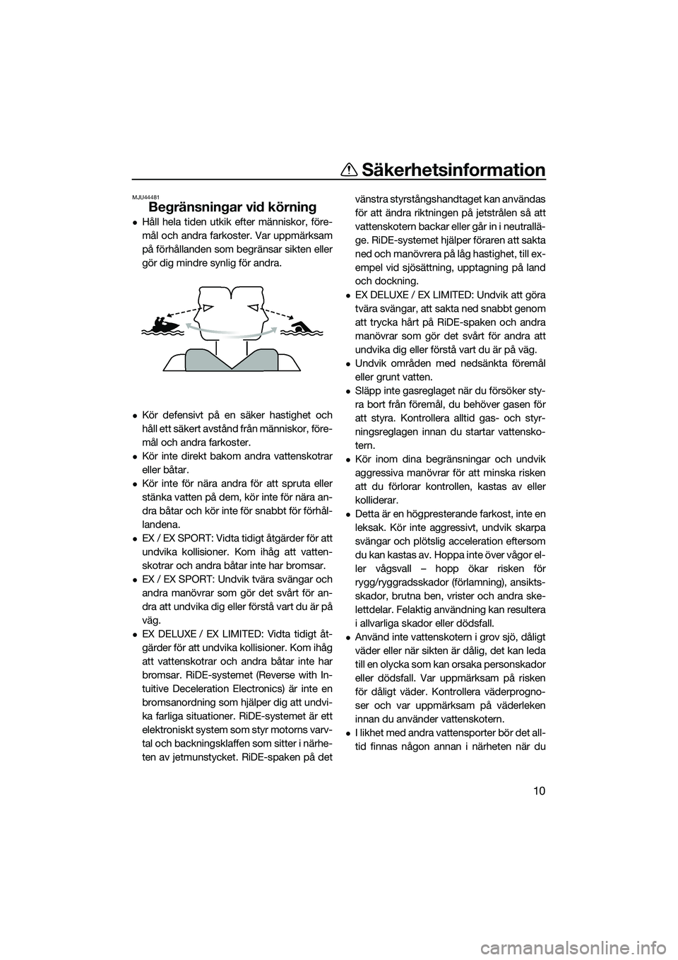 YAMAHA EX LIMITED 2022  Bruksanvisningar (in Swedish) Säkerhetsinformation
10
MJU44481
Begränsningar vid körning
Håll hela tiden utkik efter människor, före-
mål och andra farkoster. Var uppmärksam
på förhållanden som begränsar sikten elle
