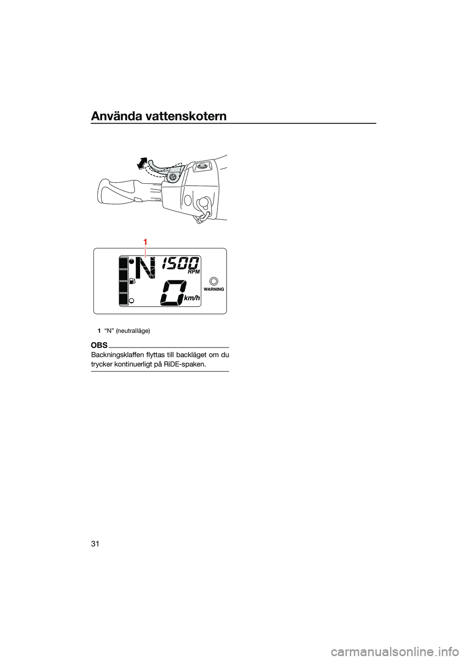 YAMAHA EX LIMITED 2022  Bruksanvisningar (in Swedish) Använda vattenskotern
31
OBS
Backningsklaffen flyttas till backläget om du
trycker kontinuerligt på RiDE-spaken.
1“N” (neutralläge)
1
UF3Y75M0.book  Page 31  Friday, July 9, 2021  10:19 AM 