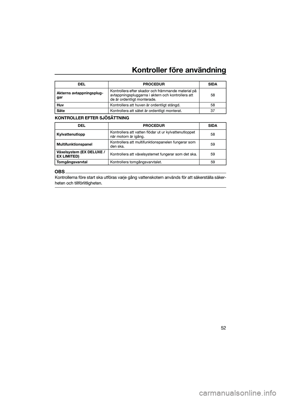 YAMAHA EX 2022 Bruksanvisningar (in Swedish) Kontroller före användning
52
KONTROLLER EFTER SJÖSÄTTNING
OBS
Kontrollerna före start ska utföras varje gång vattenskotern används för att säkerställa säker-
heten och tillförlitligheten YAMAHA EX 2022 Bruksanvisningar (in Swedish) Kontroller före användning
52
KONTROLLER EFTER SJÖSÄTTNING
OBS
Kontrollerna före start ska utföras varje gång vattenskotern används för att säkerställa säker-
heten och tillförlitligheten